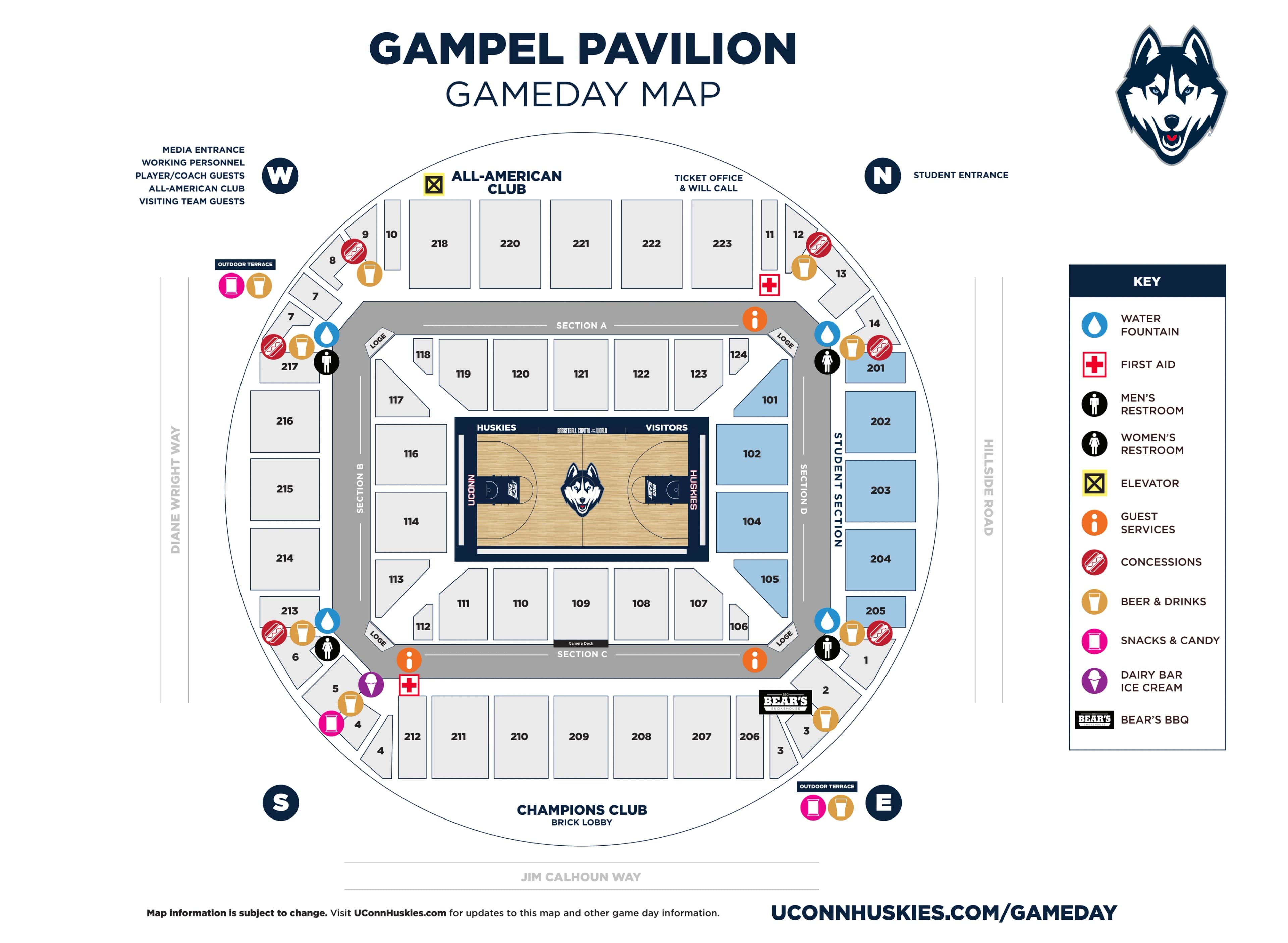 Harry A. Gampel Pavilion: Seating chart, Basketball sections and guest facilities · 2023 map. Use the source chart for section and row details.