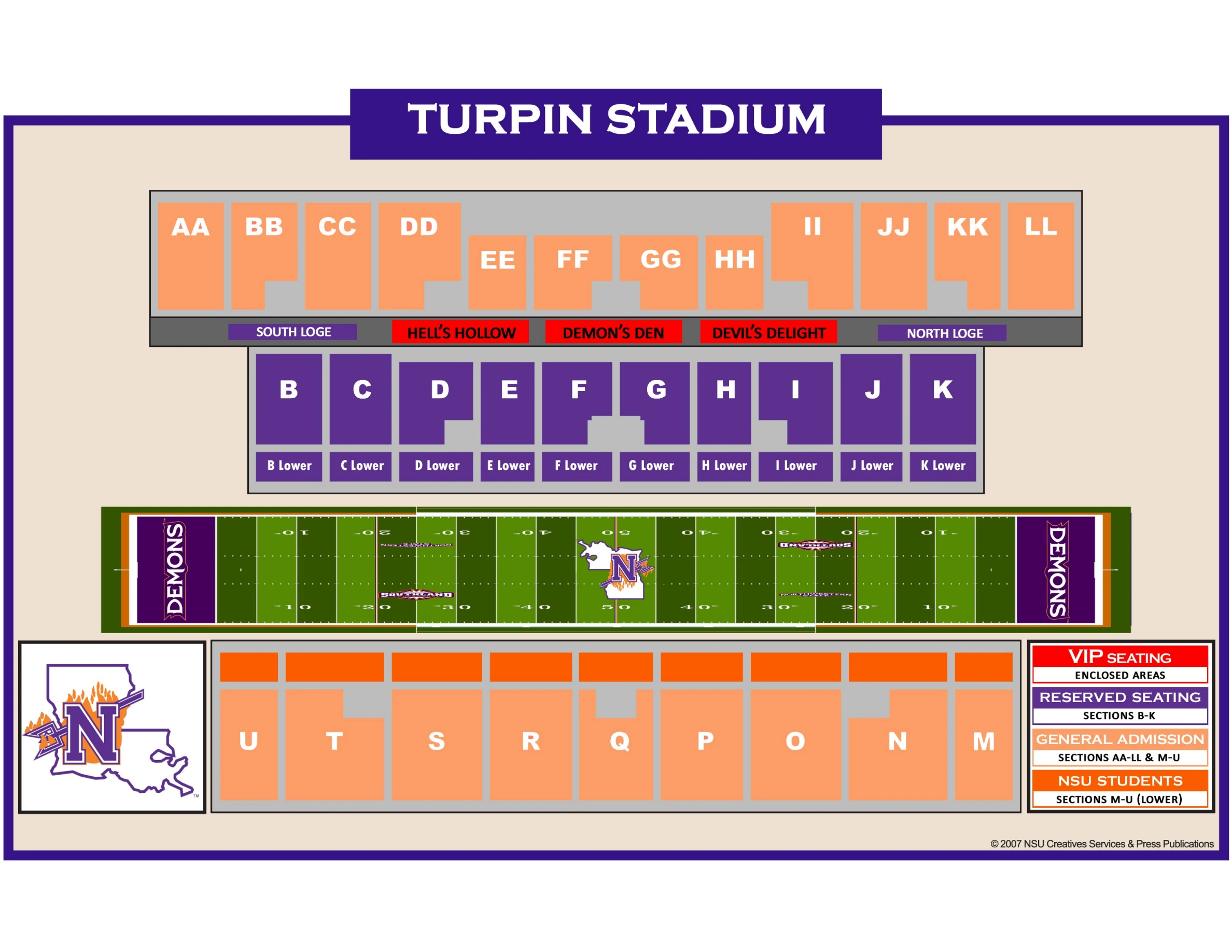 Harry Turpin Stadium: Seating chart, Northwestern State — historical 2007 Turpin section reference; use 2026 ticket categories. Use the source chart for section and row details.