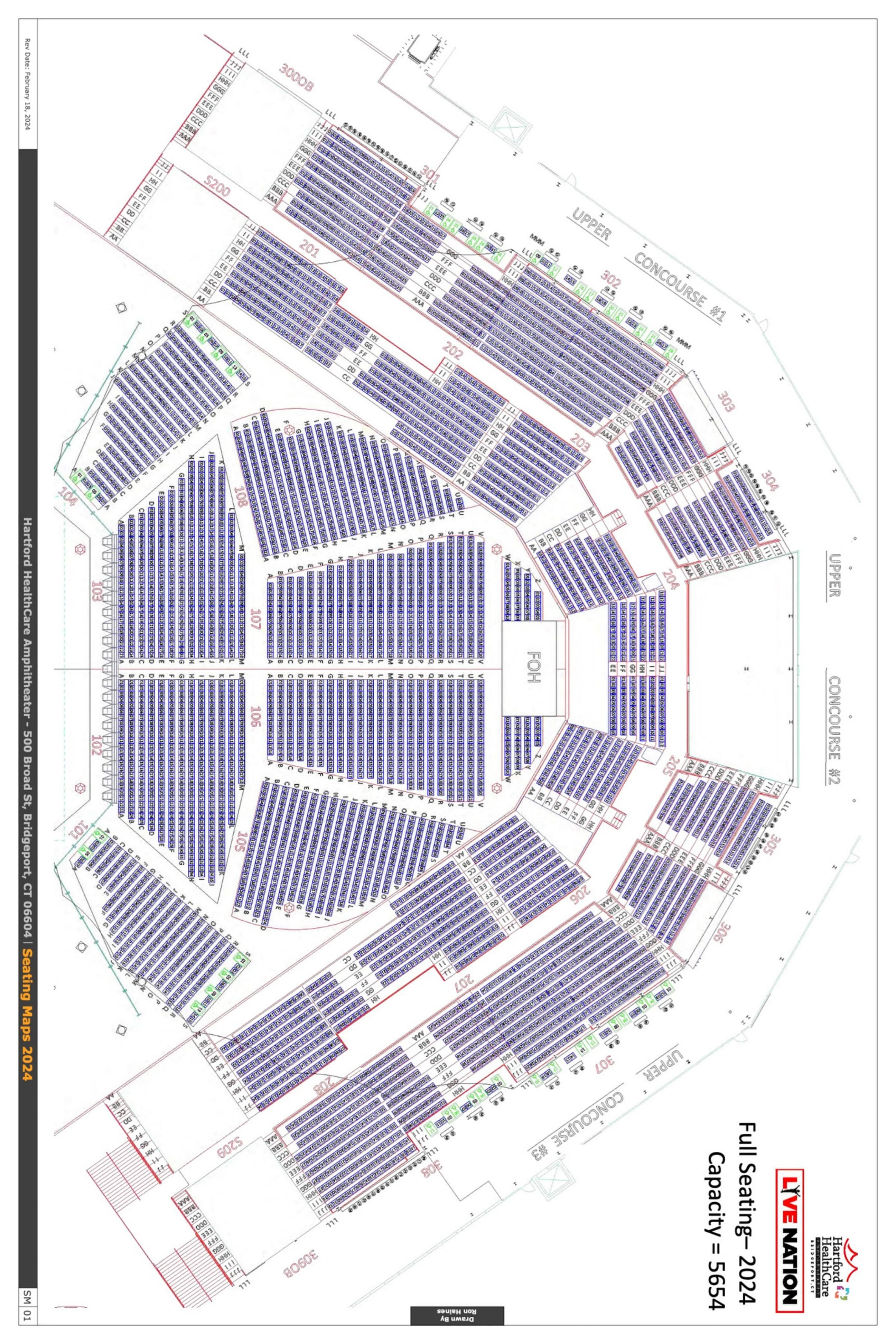 Hartford HealthCare Amphitheater: Seating chart, Hartford HealthCare Amphitheater — full numbered seating, February 2024 drawing. Use the source chart for section and row details.