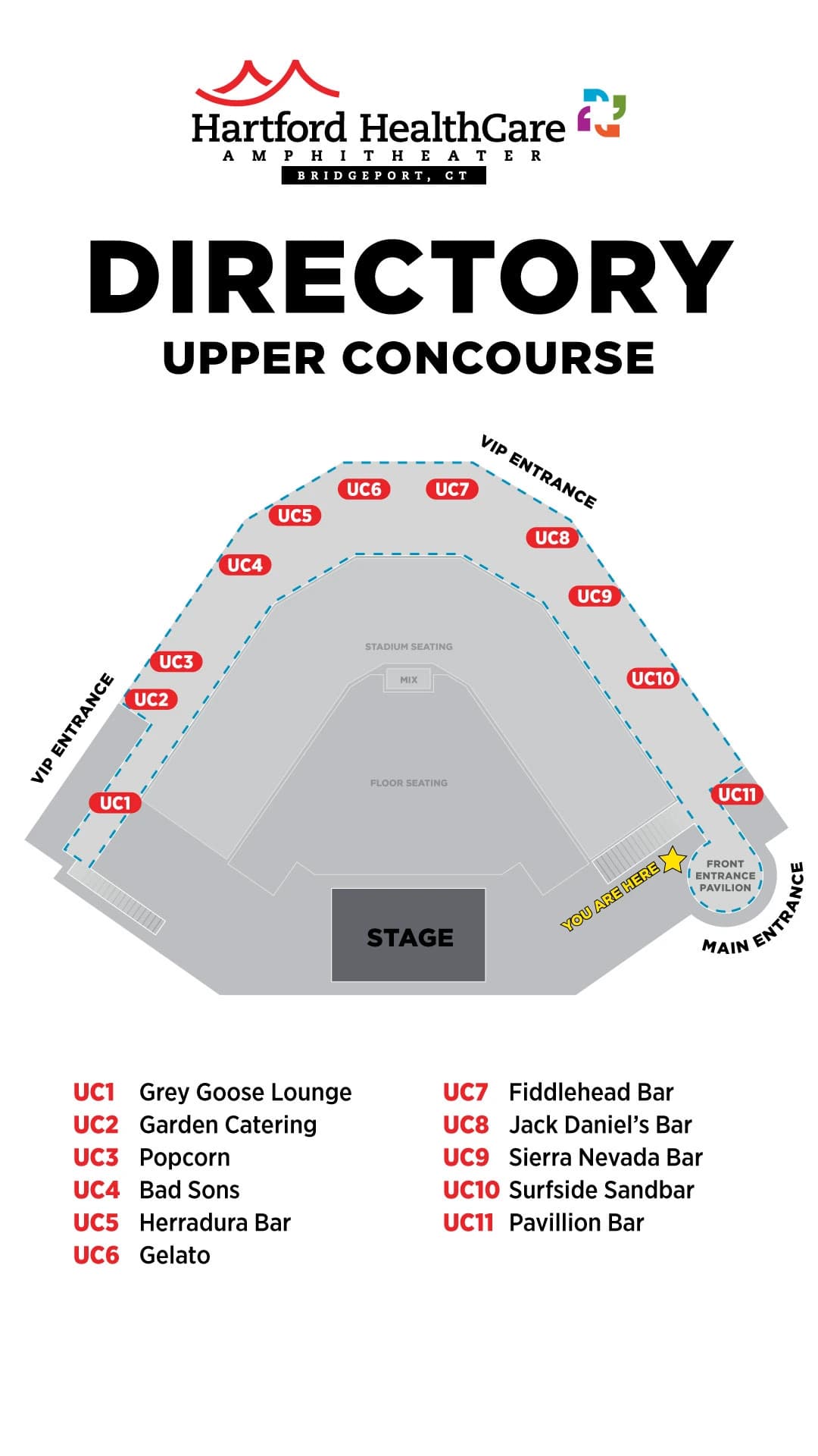 Hartford HealthCare Amphitheater: Venue layout, Hartford HealthCare Amphitheater — Upper Concourse food directory. Use the original map for routes and visitor facilities.