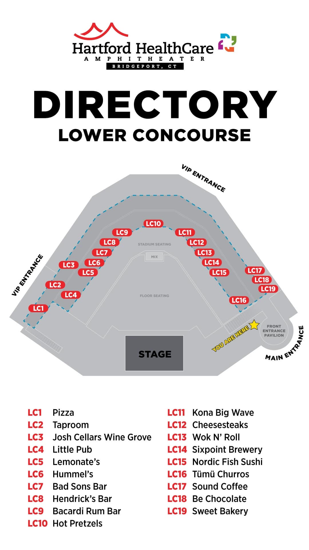 Hartford HealthCare Amphitheater: Venue layout, Hartford HealthCare Amphitheater — Lower Concourse food directory. Use the original map for routes and visitor facilities.