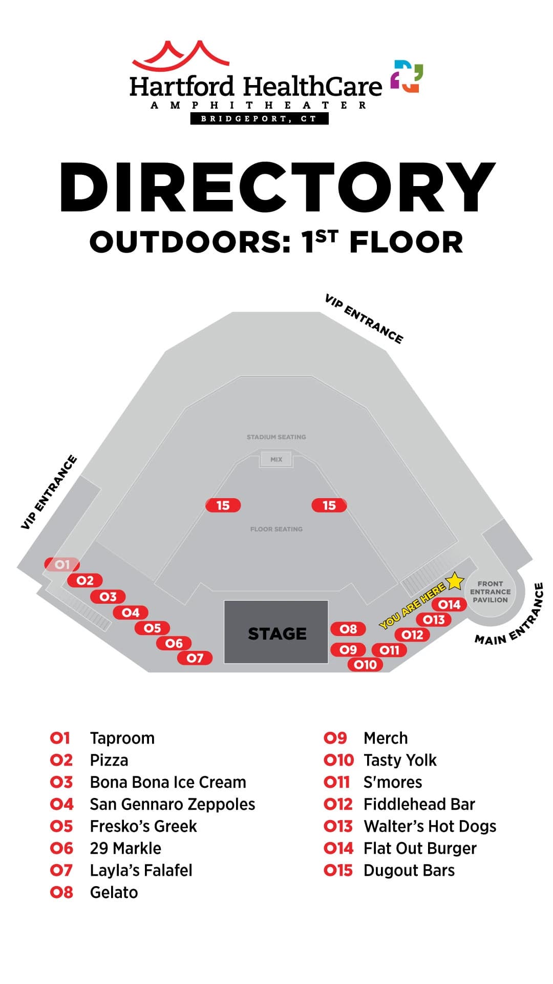 Hartford HealthCare Amphitheater: Venue layout, Hartford HealthCare Amphitheater — Outdoors: 1st Floor food and merch directory. Use the original map for routes and visitor facilities.
