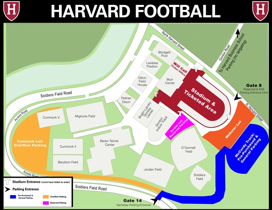 Harvard Stadium: Venue layout, Harvard — current-linked 2022 football parking and vehicle-entrance plan. Use the original map for routes and visitor facilities.