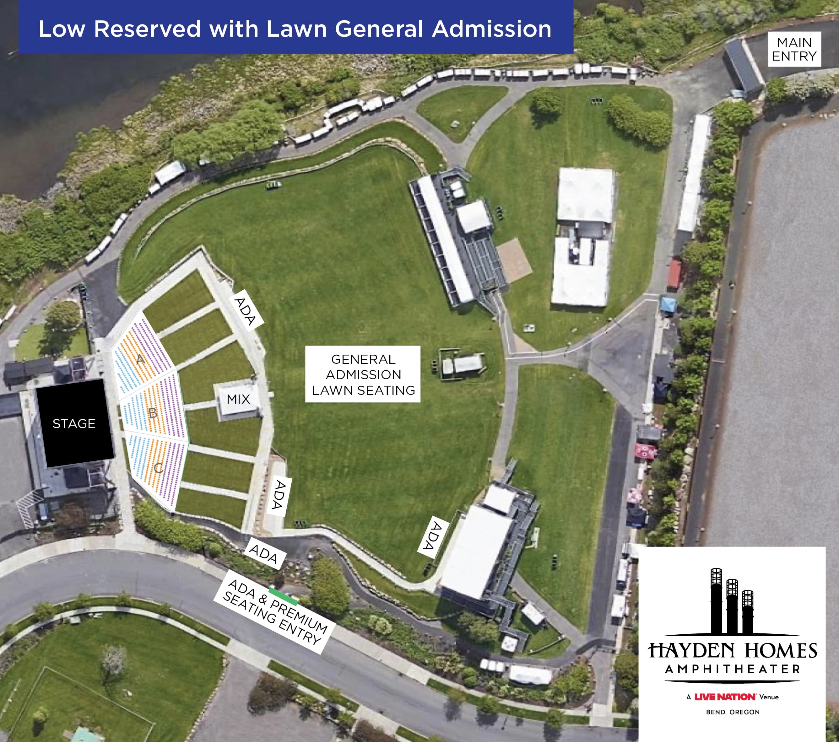 Hayden Homes Amphitheater: Seating chart, 2026 concert — low reserved seating with general-admission lawn. Use the source chart for section and row details.