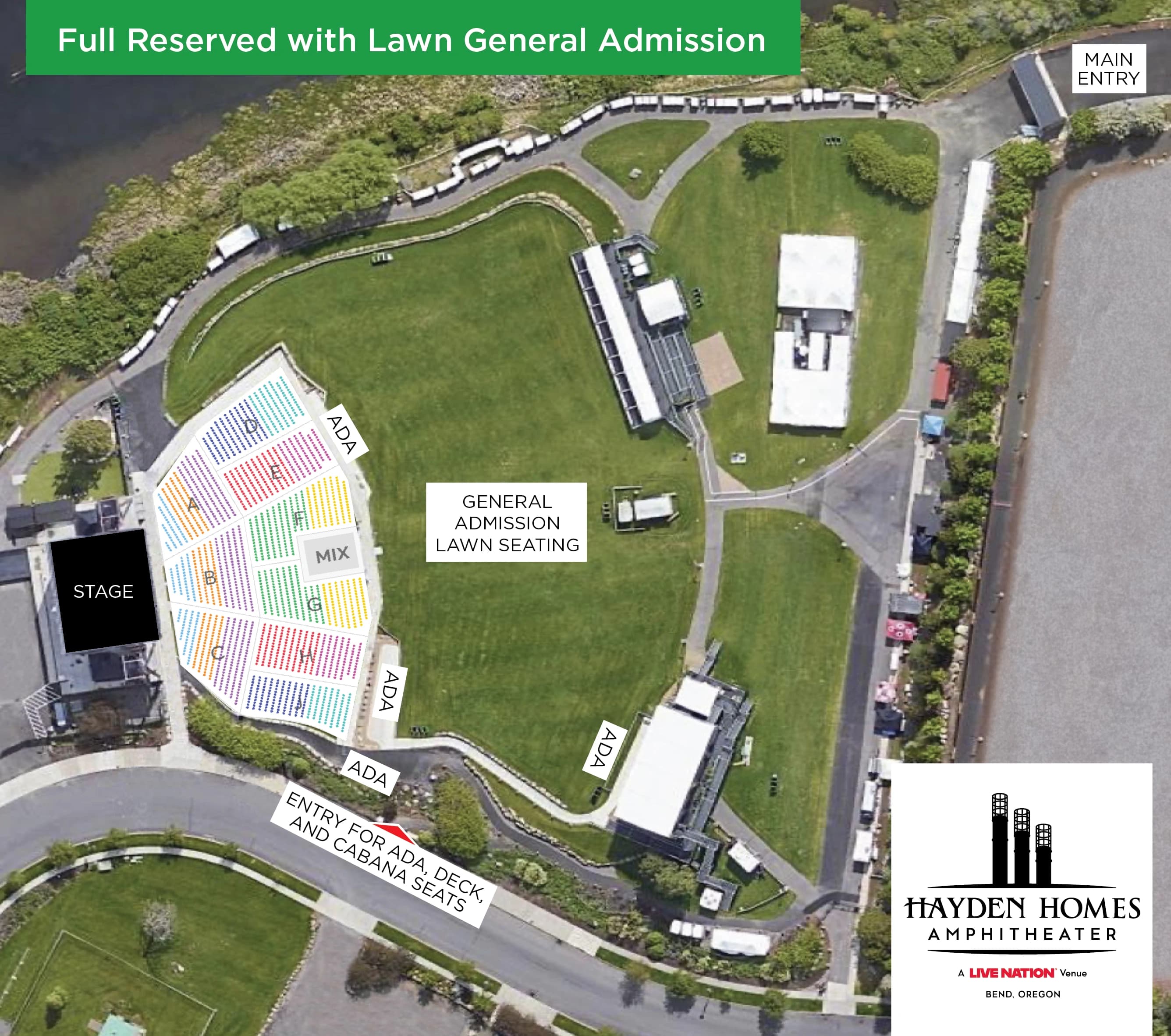 Hayden Homes Amphitheater: Seating chart, Concert — full reserved seating with general-admission lawn. Use the source chart for section and row details.