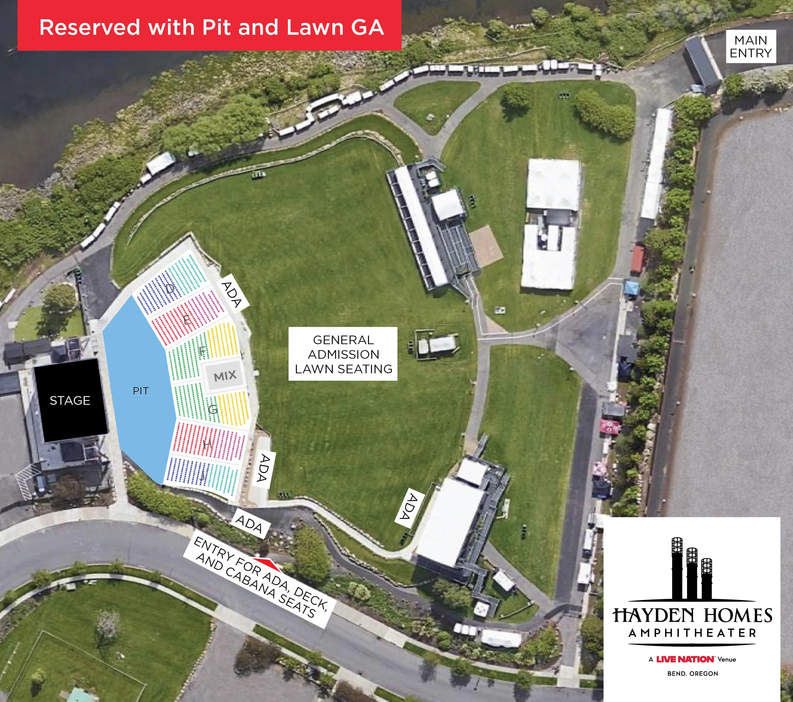Hayden Homes Amphitheater: Seating chart, Concert — reserved seating with general-admission pit and lawn. Use the source chart for section and row details.