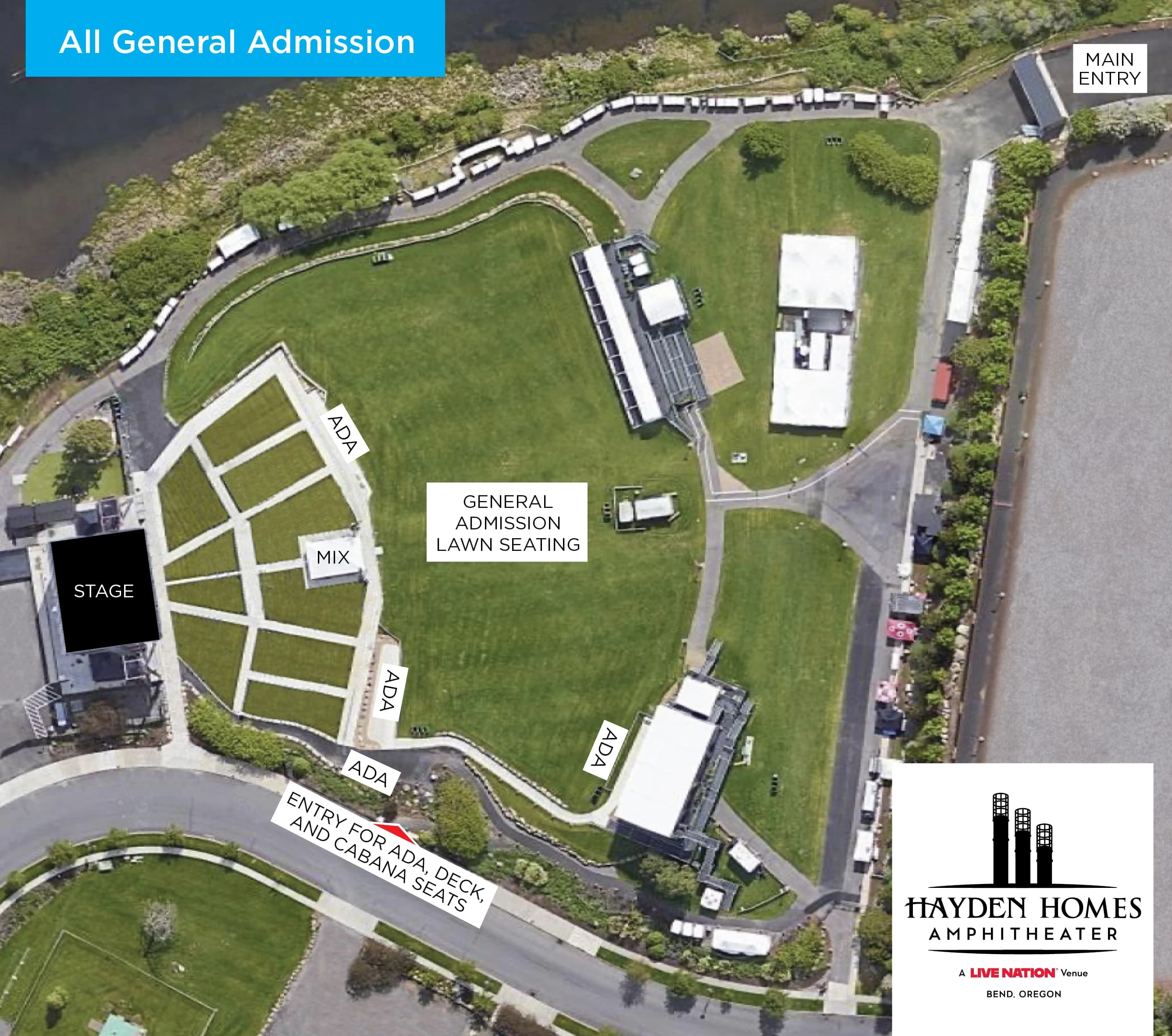 Hayden Homes Amphitheater: Seating chart, Concert — all general admission. Use the source chart for section and row details.