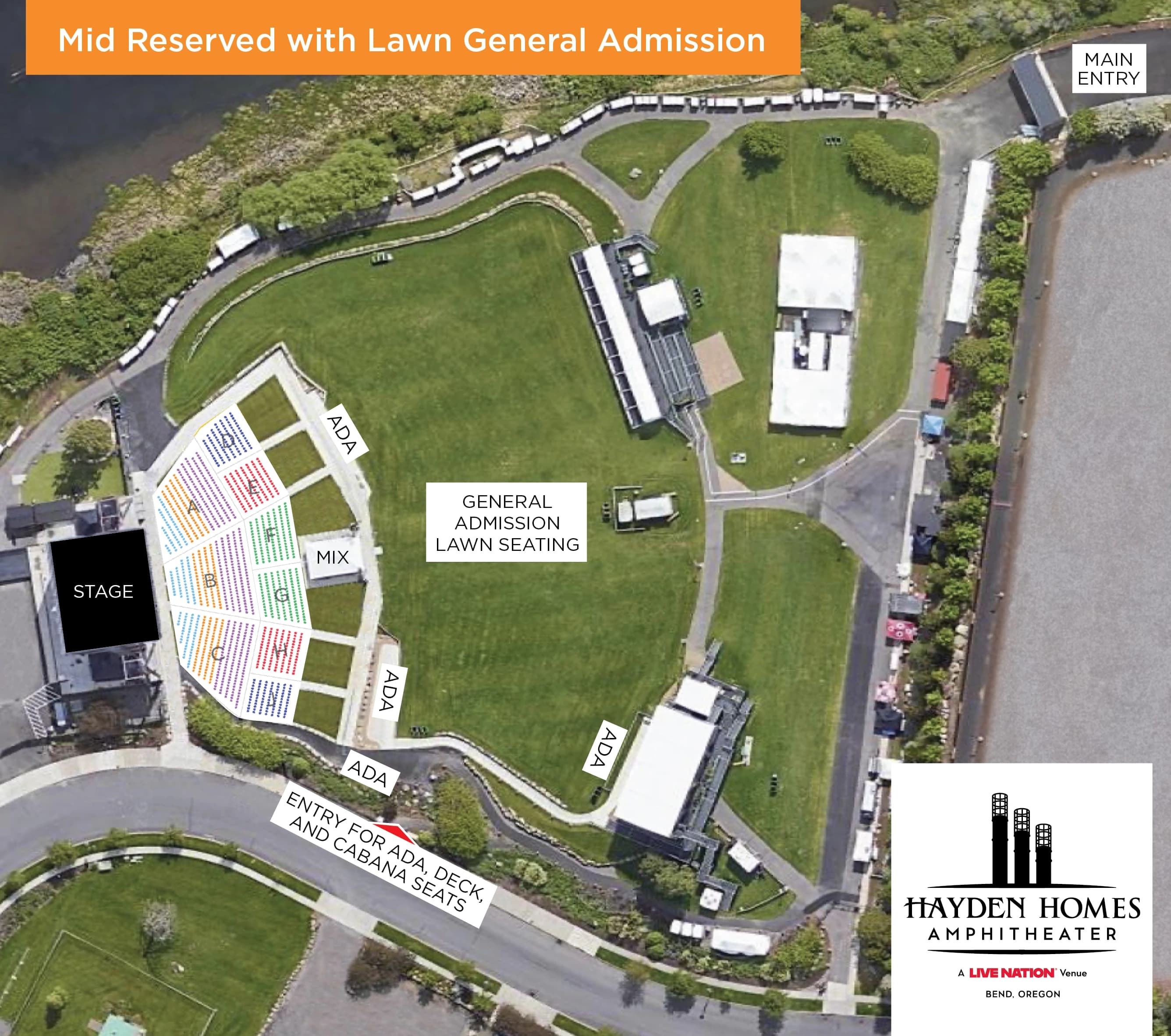 Hayden Homes Amphitheater: Seating chart, Concert — mid reserved seating with general-admission lawn. Use the source chart for section and row details.