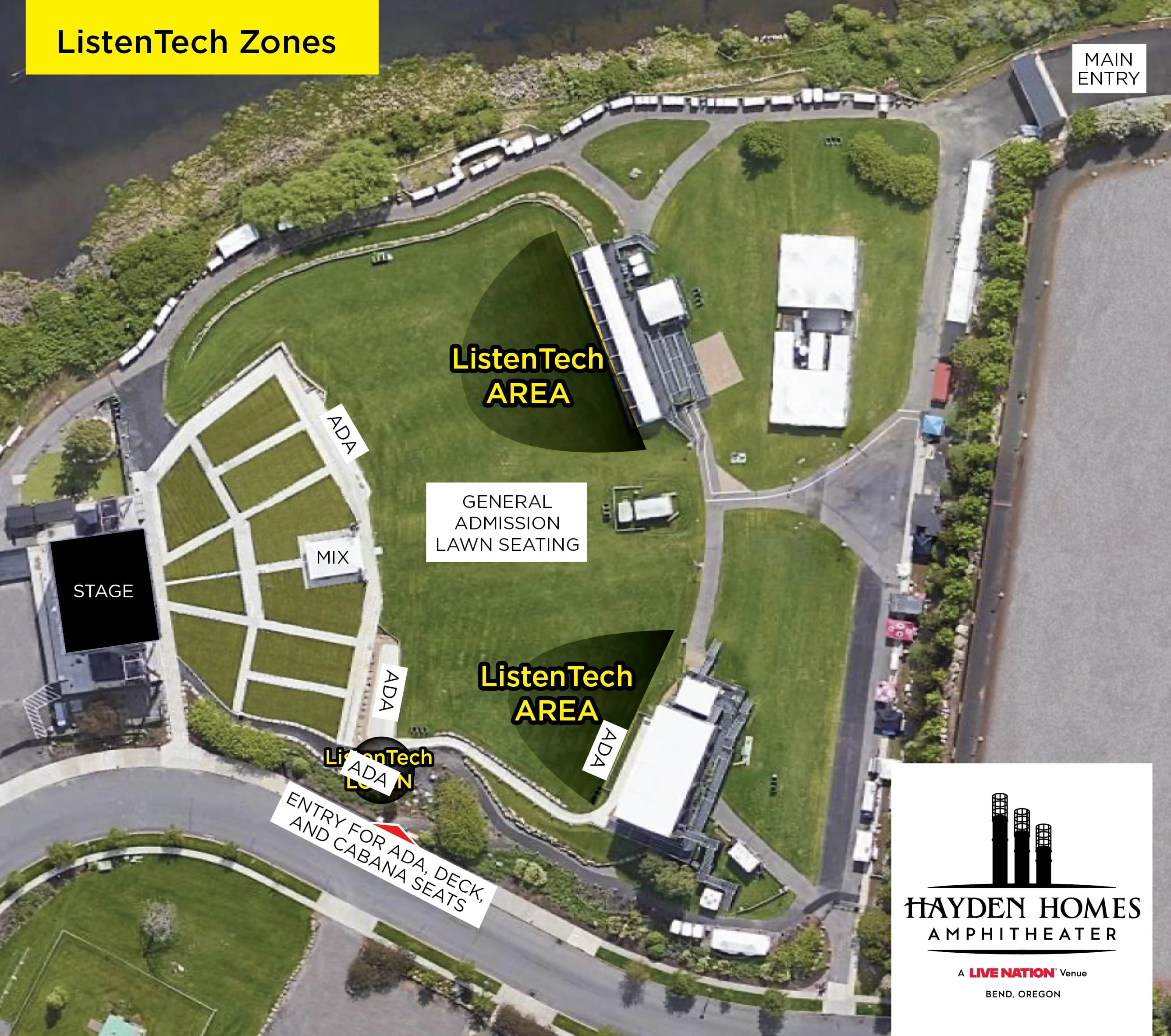 Hayden Homes Amphitheater: Venue layout, 2026 ListenTech assisted-listening areas. Use the original map for routes and visitor facilities.