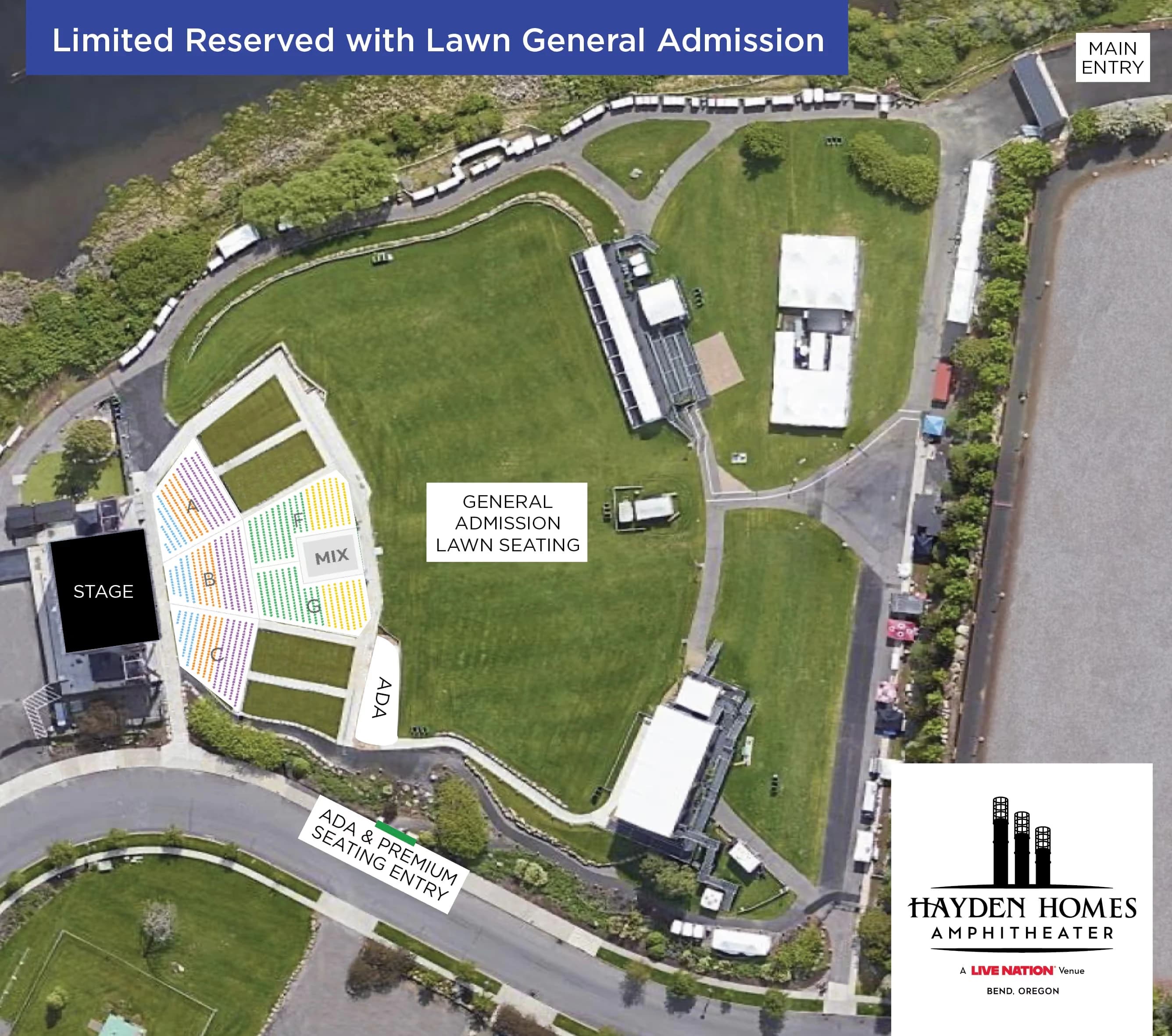 Hayden Homes Amphitheater: Seating chart, Concert — limited reserved seating with general-admission lawn. Use the source chart for section and row details.