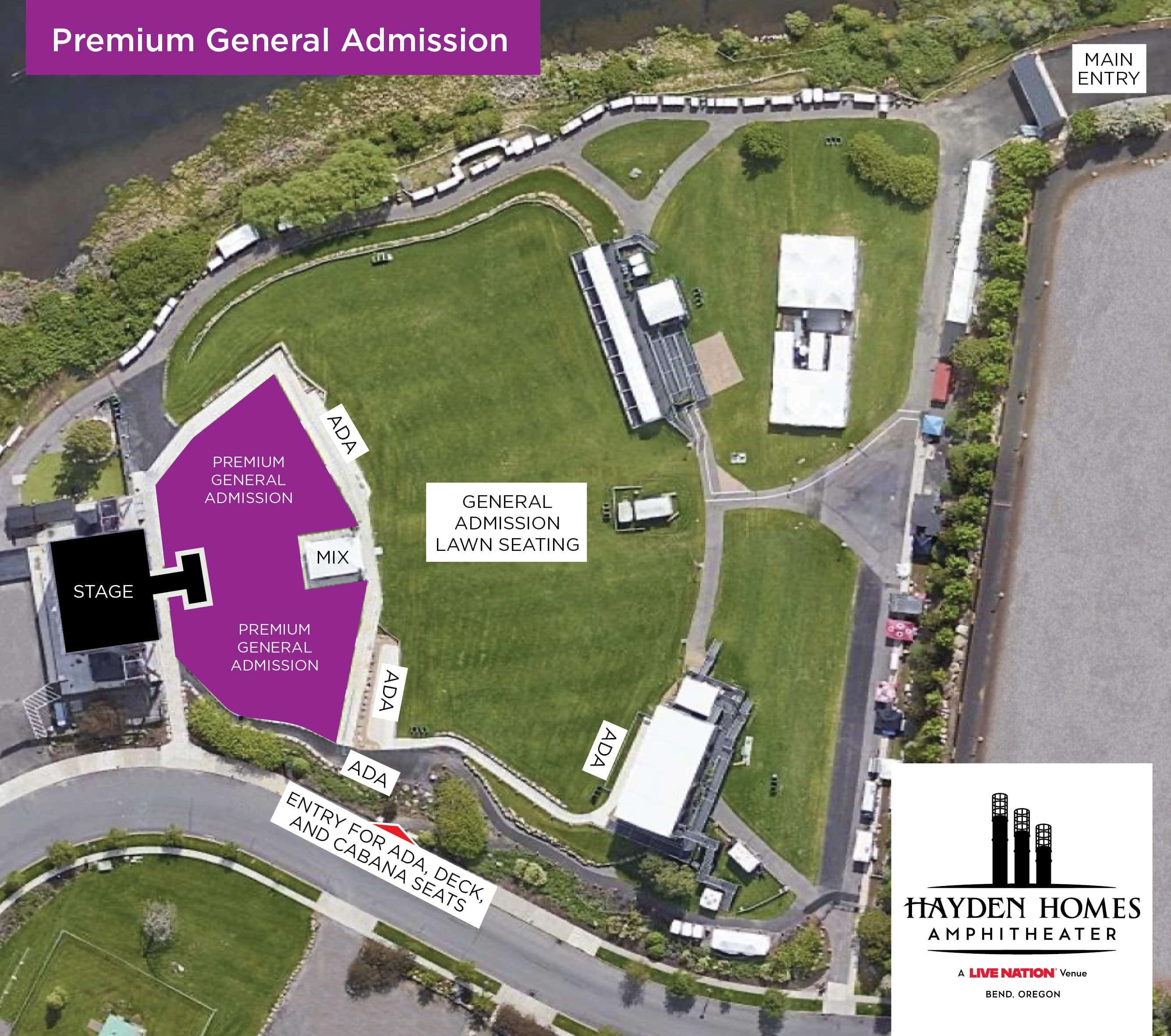 Hayden Homes Amphitheater: Seating chart, Concert — premium general admission and lawn. Use the source chart for section and row details.