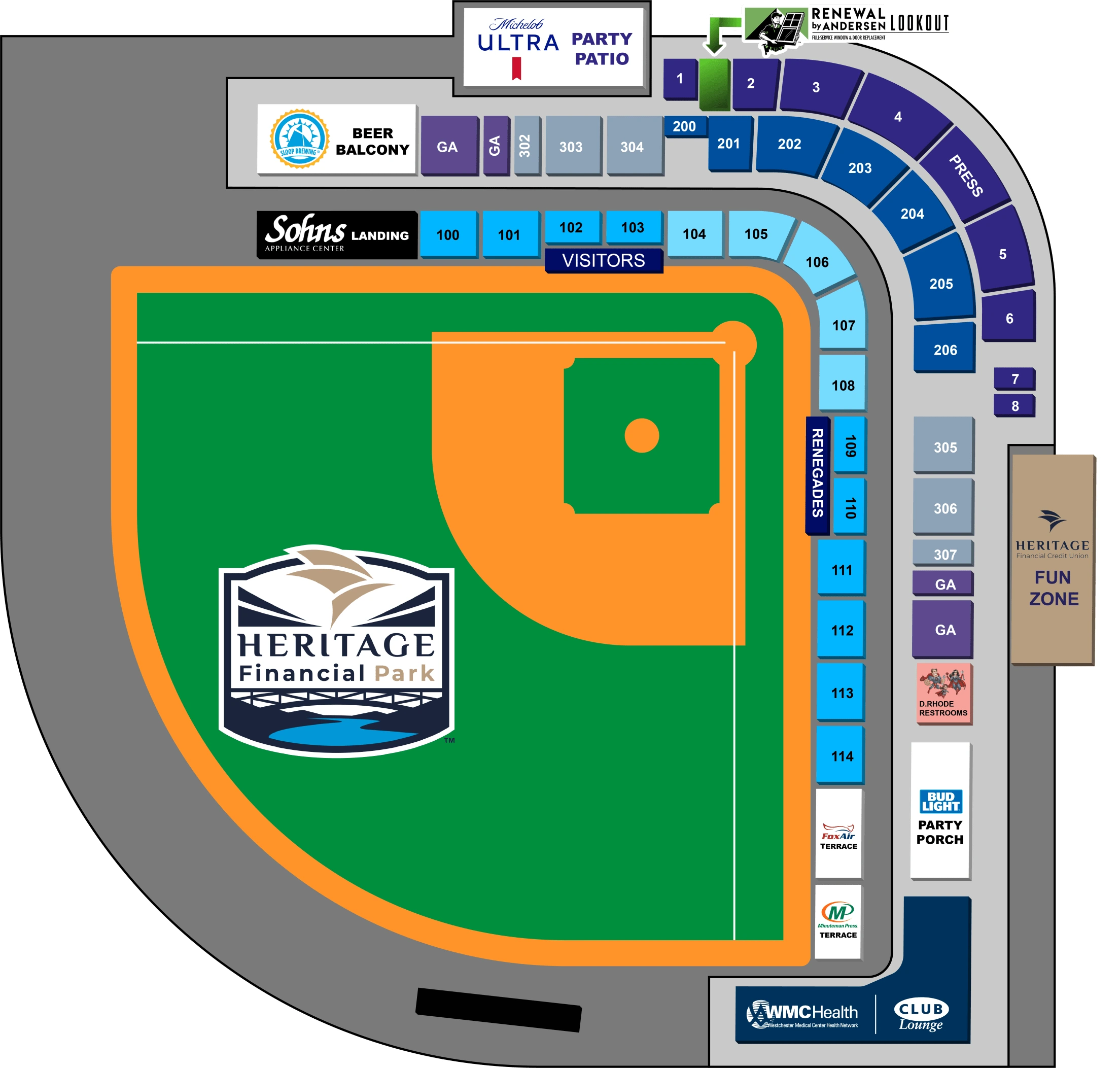 Heritage Financial Park: Seating chart, Heritage Financial Park — official-linked numbered sections and group spaces. Use the source chart for section and row details.
