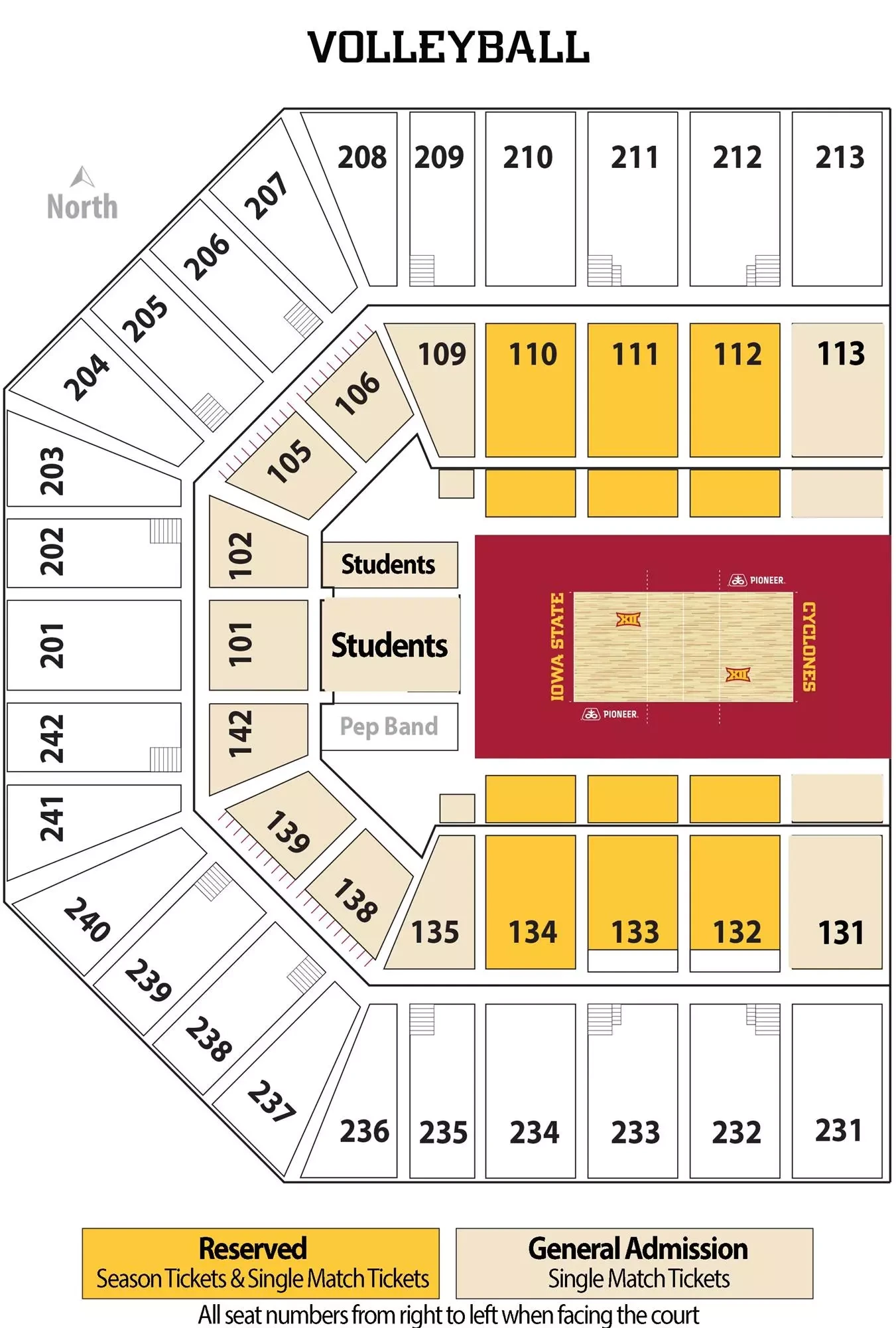 Hilton Coliseum: Seating chart, Volleyball. Use the source chart for section and row details.