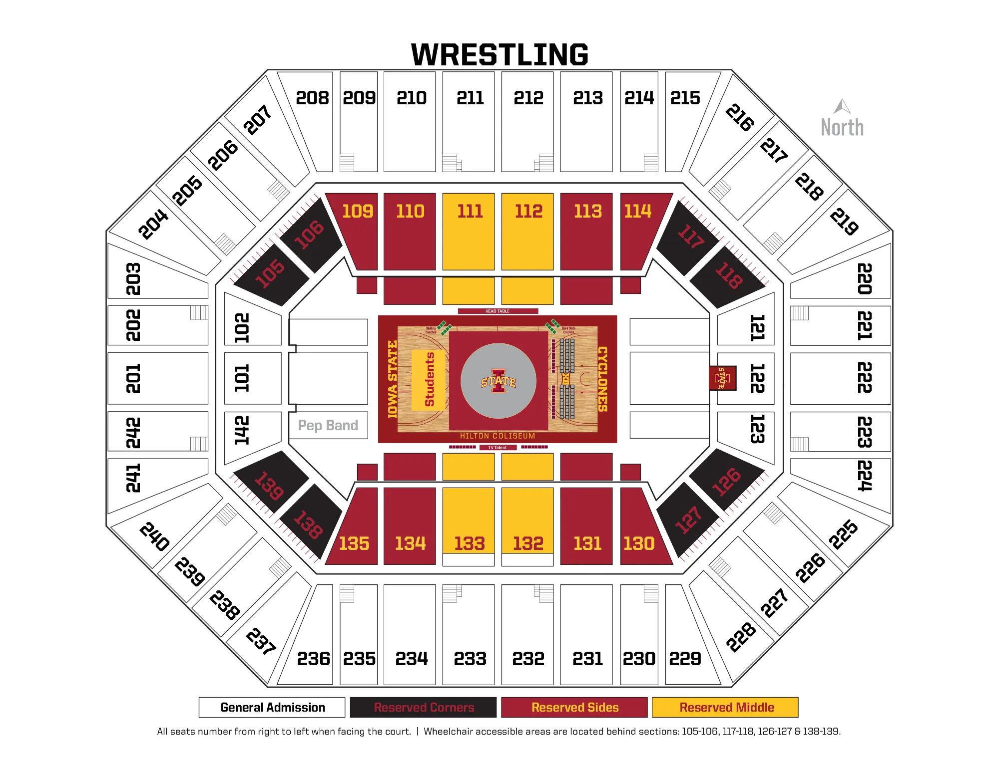 Hilton Coliseum: Seating chart, Wrestling. Use the source chart for section and row details.