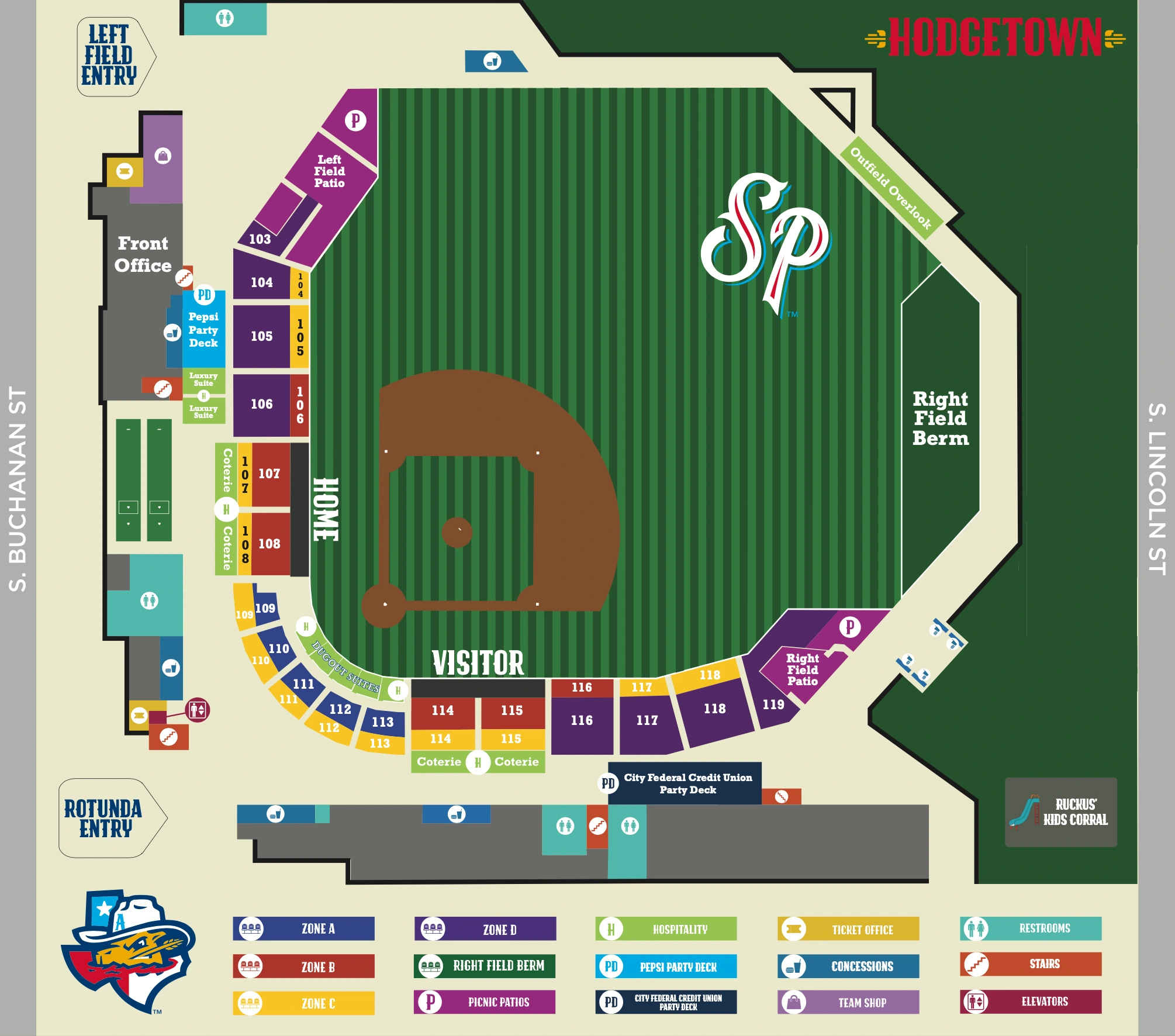 Hodgetown: Seating chart, Owner section/zone, entrance and amenity ballpark diagram. Use the source chart for section and row details.