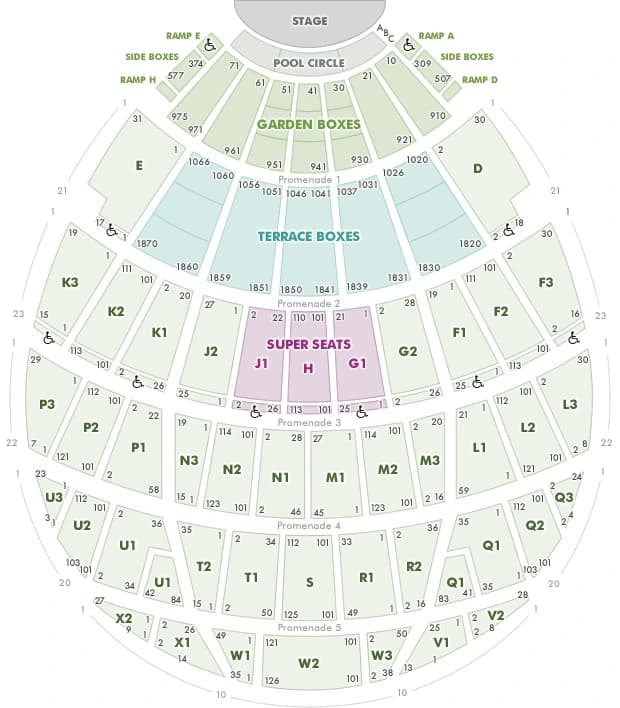 Hollywood Bowl: Seating chart, Hollywood Bowl — boxes, Super Seats and bench sections. Use the source chart for section and row details.