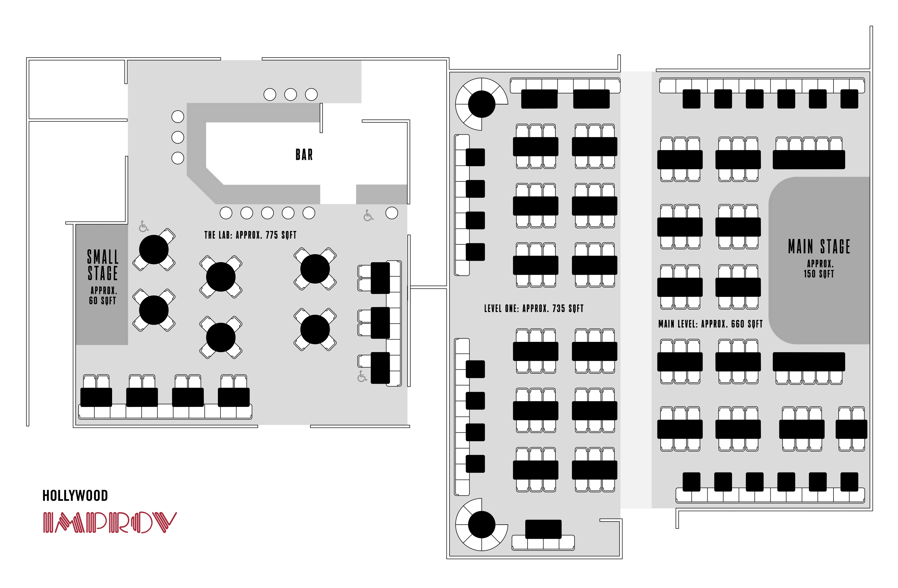 Hollywood Improv: Seating chart, Hollywood Improv — Main Stage, bar and smaller-stage table layout. Use the source chart for section and row details.