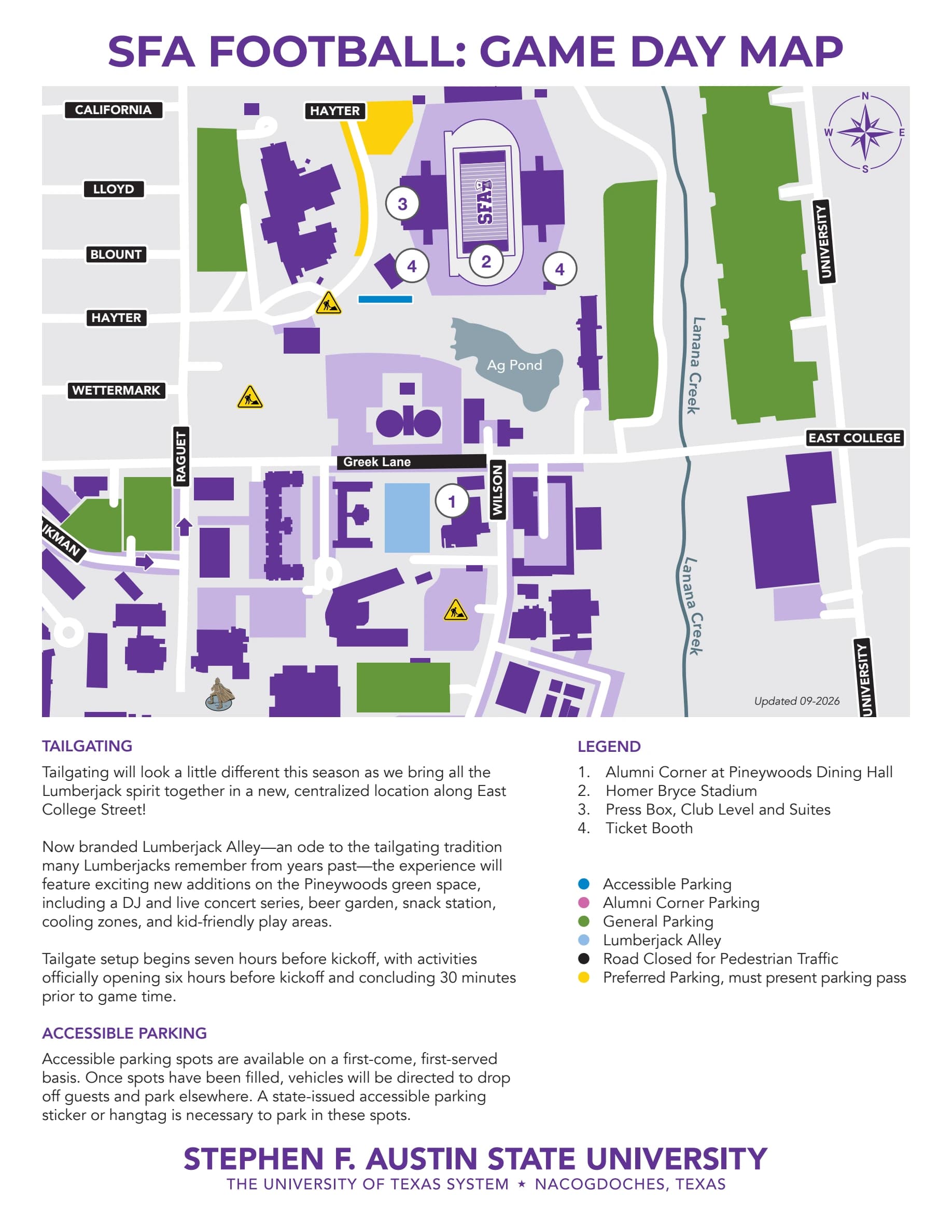 Homer Bryce Stadium: Venue layout, Football game-day parking · university download. Use the original map for routes and visitor facilities.