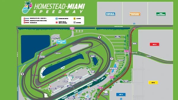 Homestead-Miami Speedway: Venue layout, Homestead-Miami — September 2026 championship parking and tram plan. Use the original map for routes and visitor facilities.