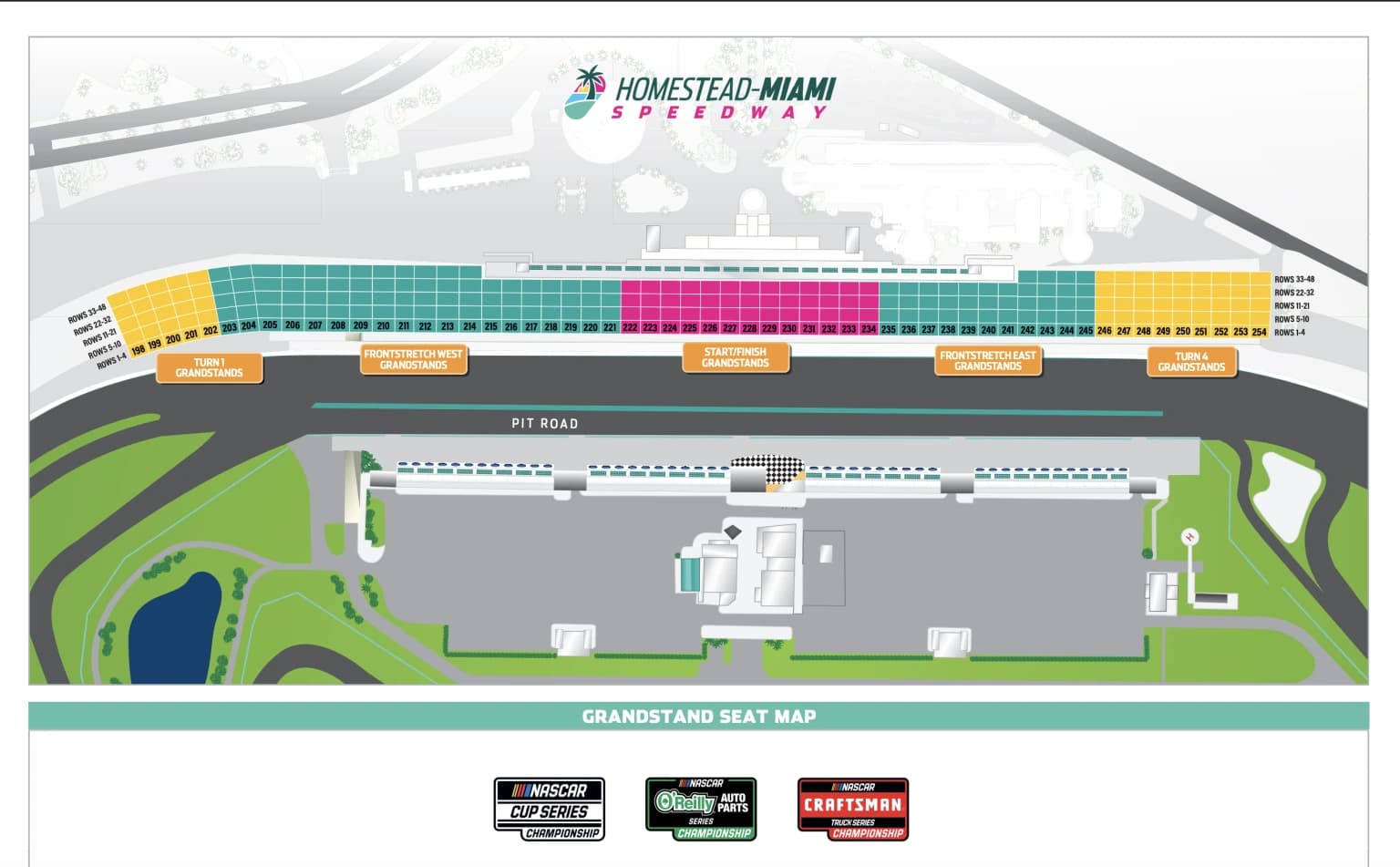 Homestead-Miami Speedway: Seating chart, Homestead-Miami — official 2026 grandstand seating map. Use the source chart for section and row details.