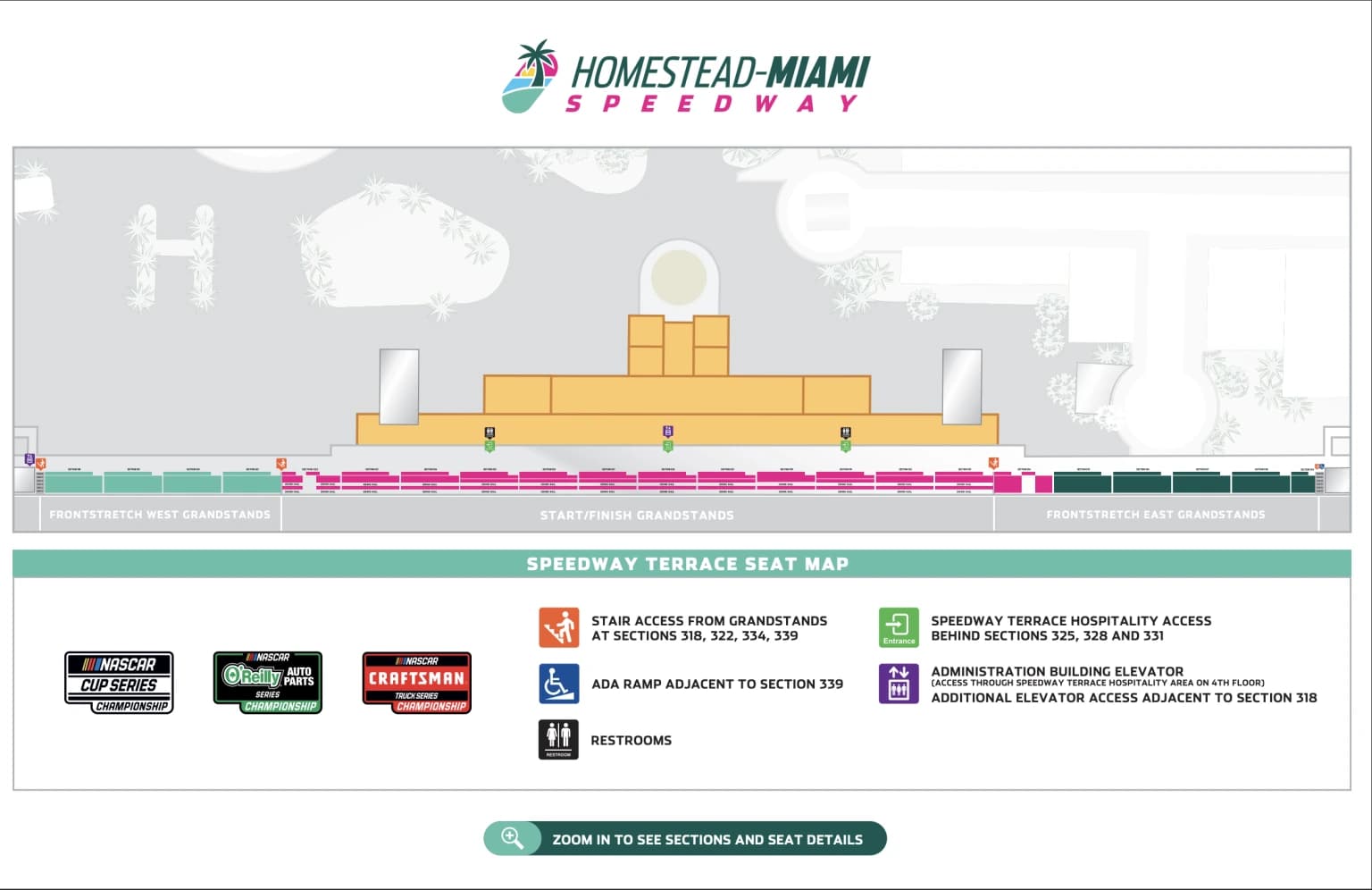 Homestead-Miami Speedway: Seating chart, Homestead-Miami — official 2026 Speedway Terrace chart. Use the source chart for section and row details.