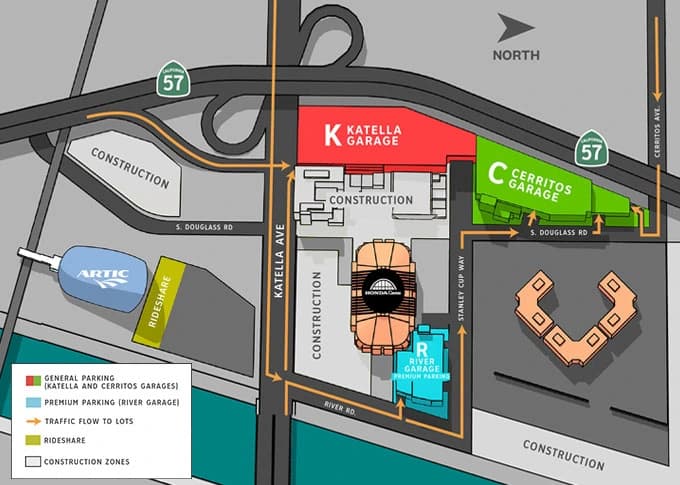 Honda Center: Venue layout, Honda Center — current parking and construction orientation. Use the original map for routes and visitor facilities.