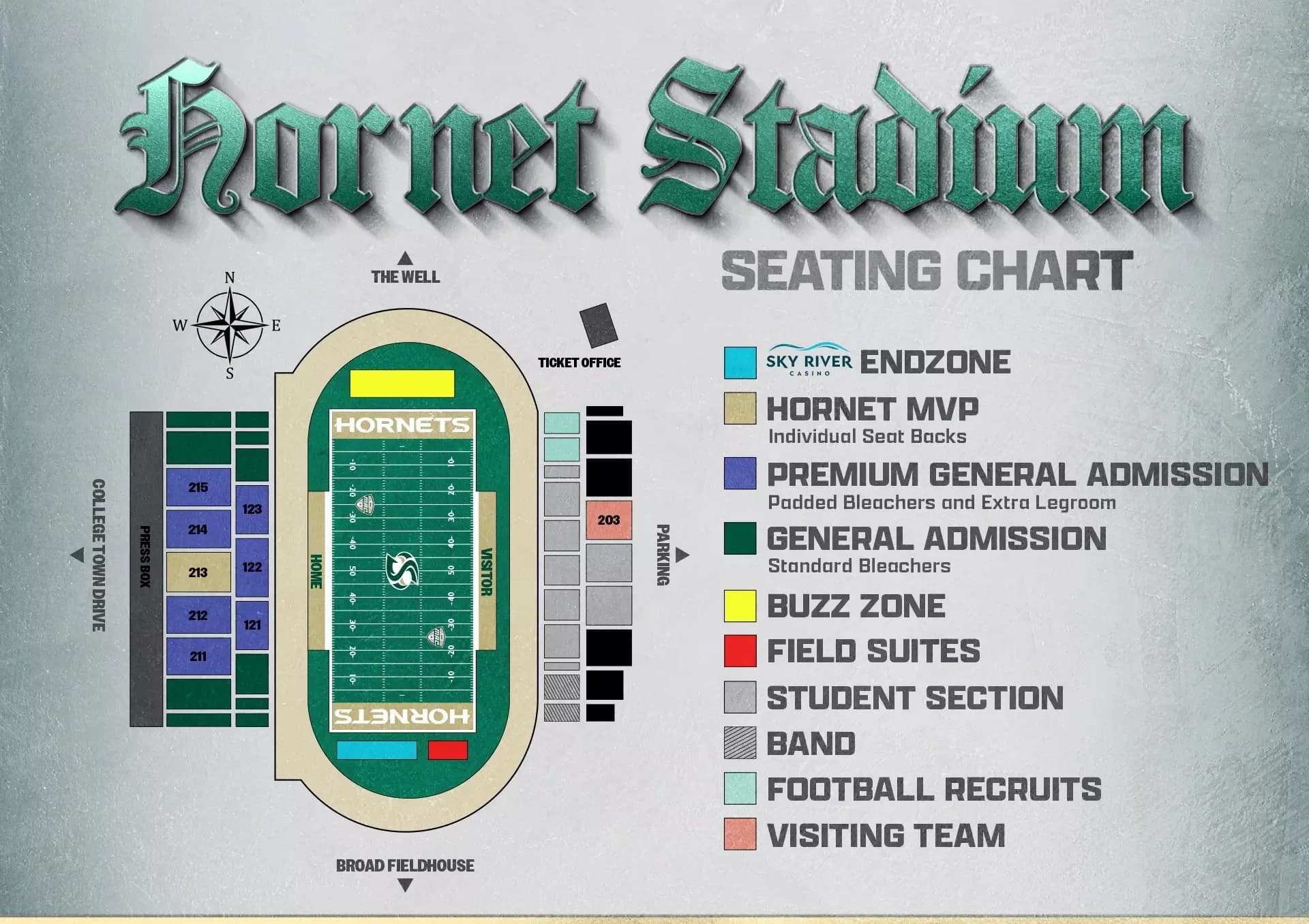 Hornet Stadium: Seating chart, Sacramento State — official updated August 2026 Hornet Stadium seating plan. Use the source chart for section and row details.