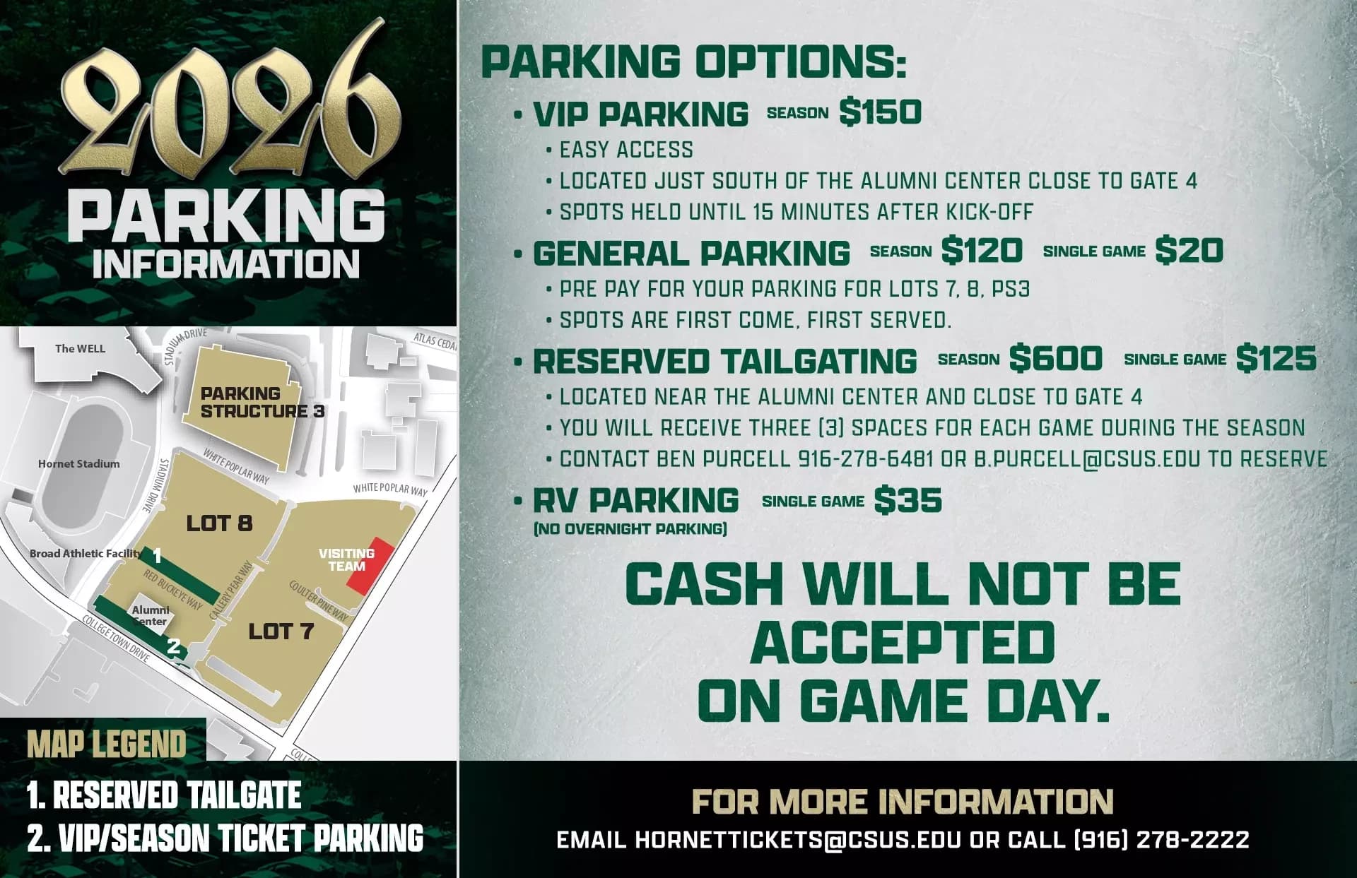 Hornet Stadium: Venue layout, Sacramento State — official August 2026 football parking plan. Use the original map for routes and visitor facilities.