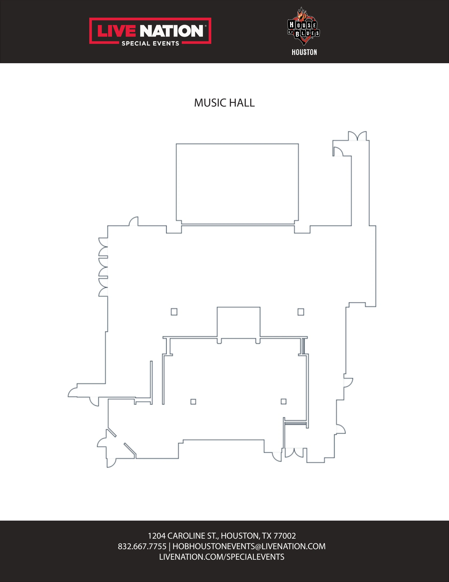 House of Blues Houston: Venue layout, House of Blues Houston — Music Hall floor plan. Use the original map for routes and visitor facilities.
