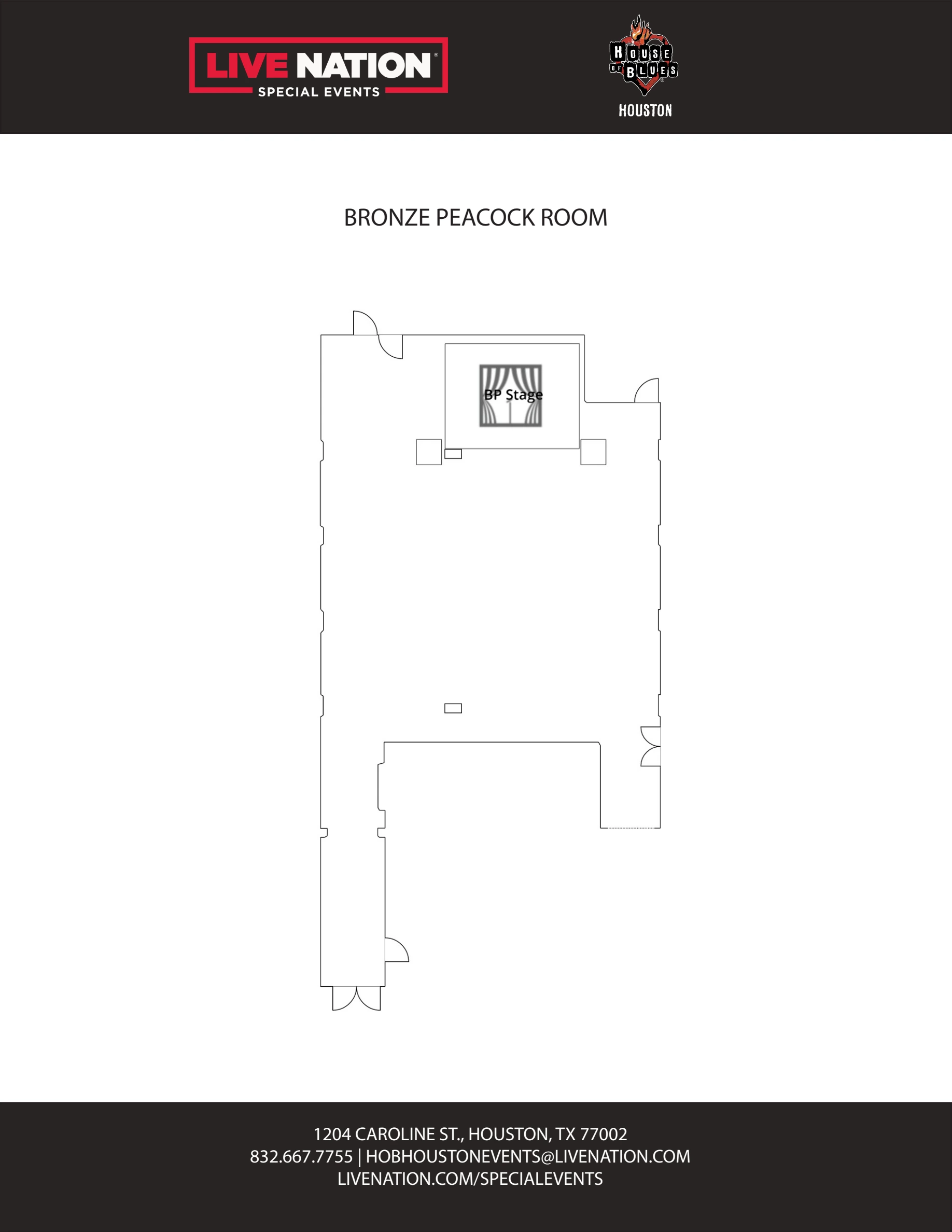 House of Blues Houston: Venue layout, House of Blues Houston — Bronze Peacock Room floor plan. Use the original map for routes and visitor facilities.