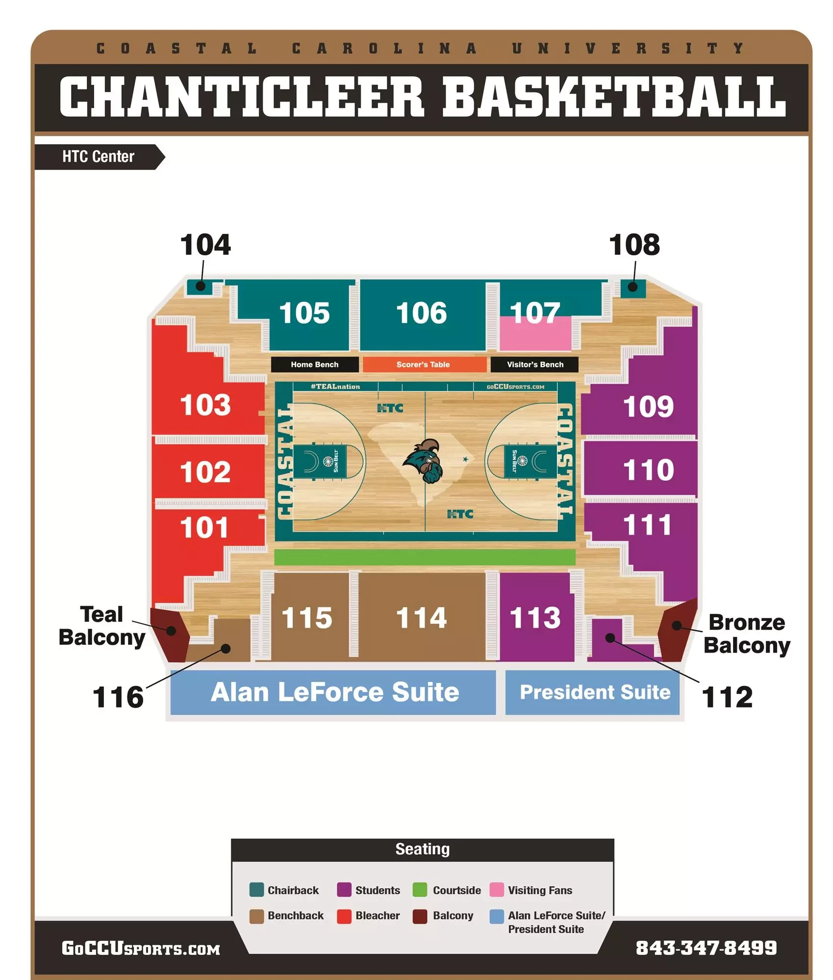 HTC Center: Seating chart, HTC Center — basketball sections and seat types. Use the source chart for section and row details.