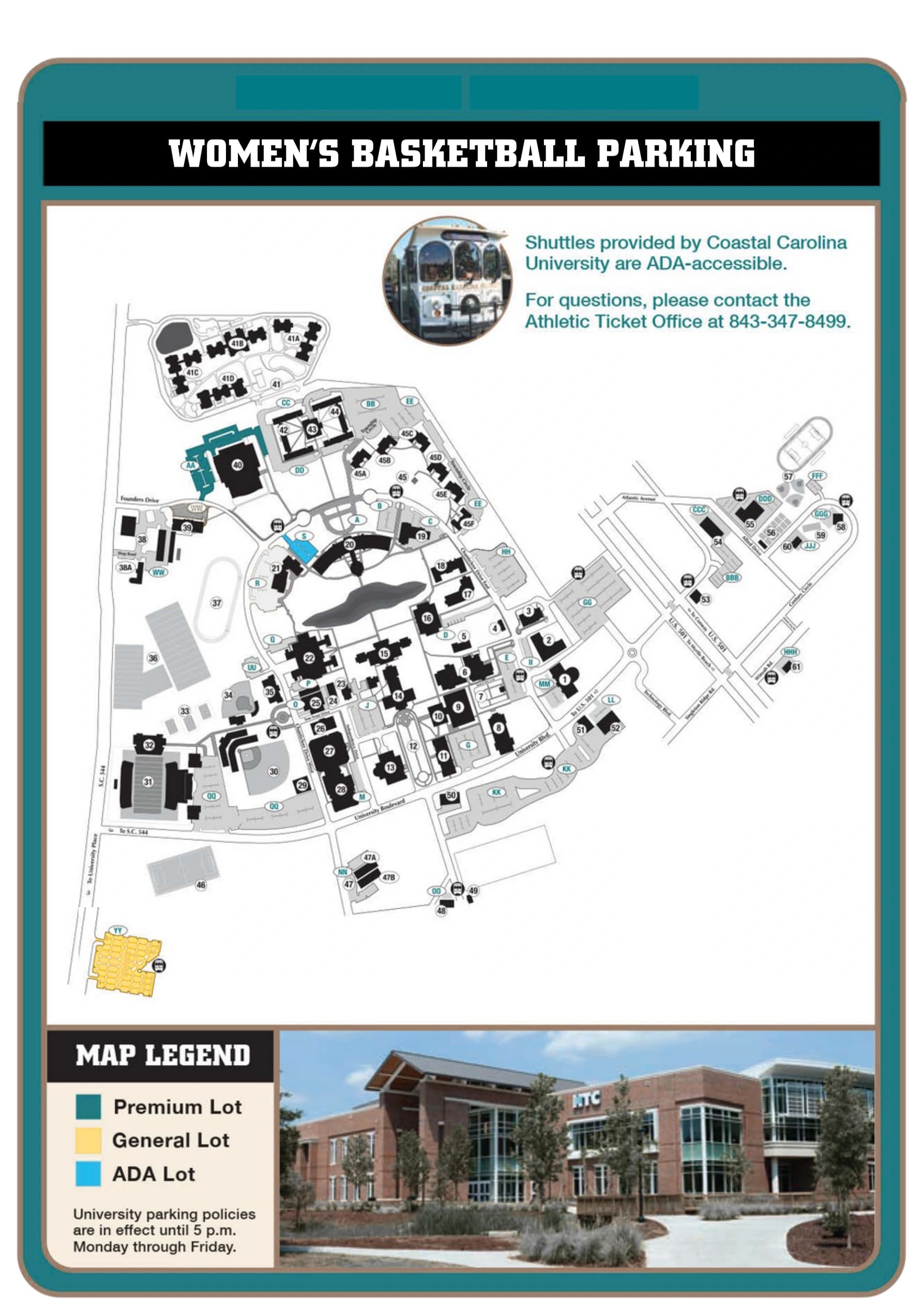 HTC Center: Venue layout, HTC Center — 2025–26 women’s basketball parking. Use the original map for routes and visitor facilities.