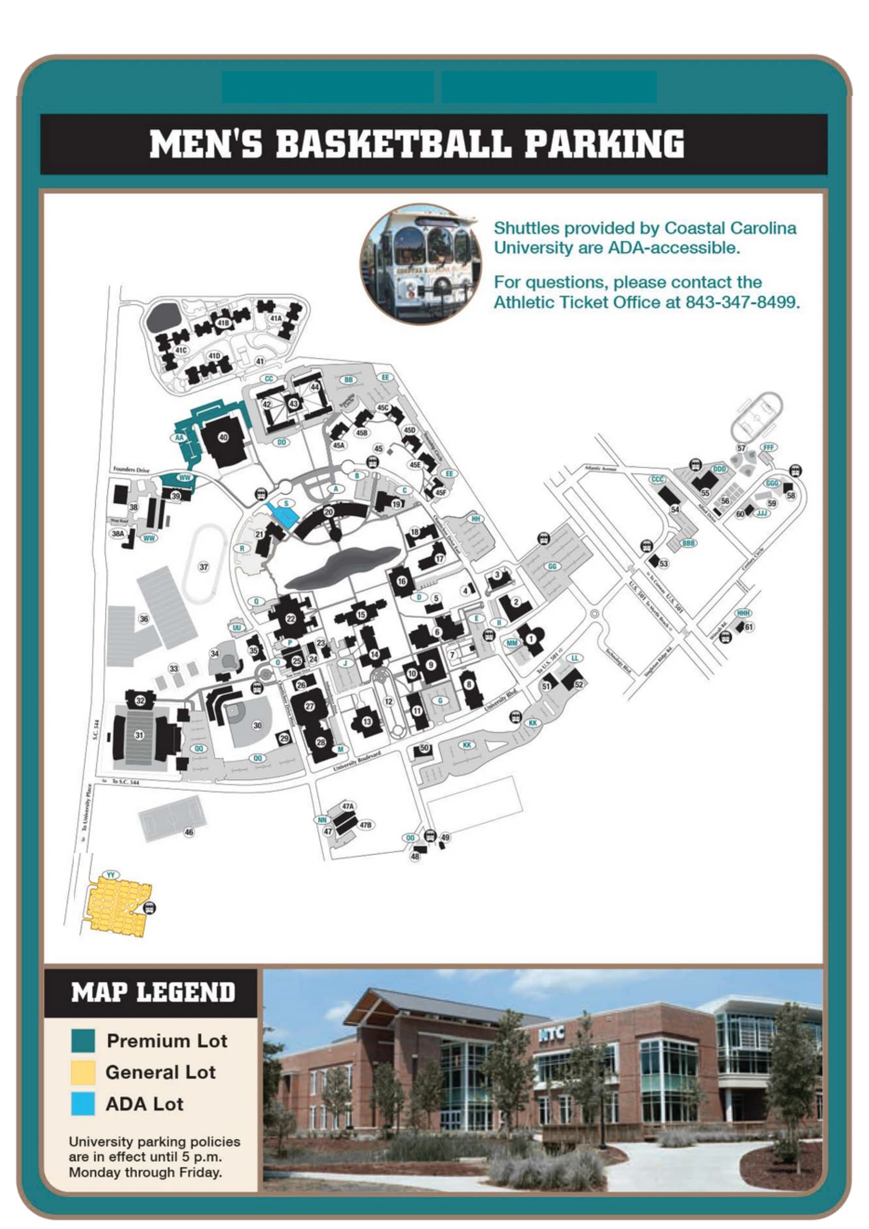 HTC Center: Venue layout, HTC Center — 2025–26 men’s basketball parking. Use the original map for routes and visitor facilities.