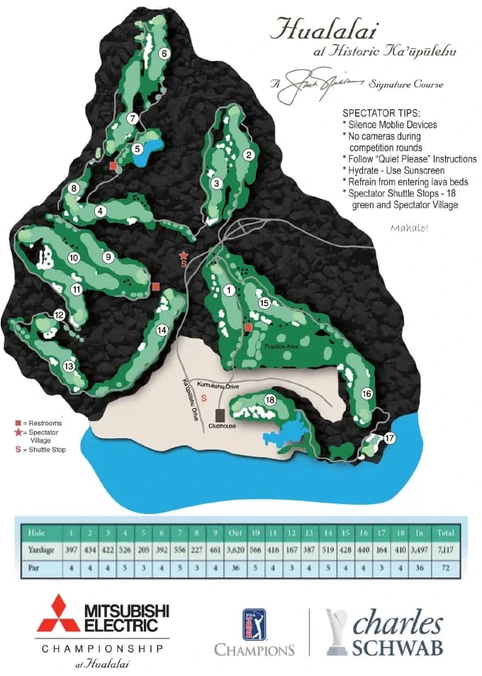 Hualalai Golf Course: Venue layout, Organizer-published Hualalai routing and spectator-facility overview · undated. Use the original map for routes and visitor facilities.