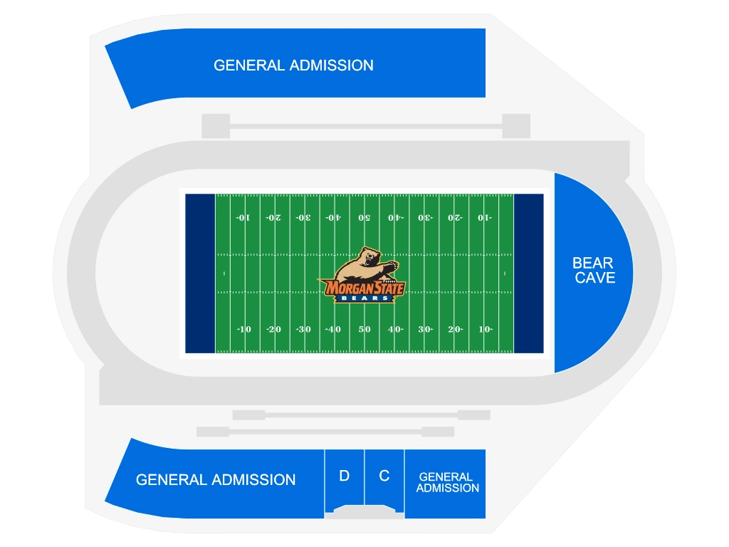 Hughes Stadium: Seating chart, Morgan State football · ticketing seating reference. Use the source chart for section and row details.