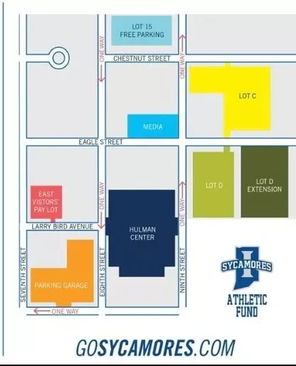 Hulman Center: Venue layout, Women’s basketball parking · published 2021. Use the original map for routes and visitor facilities.