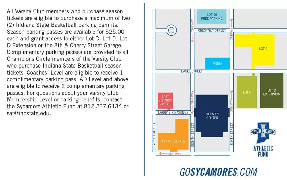 Hulman Center: Venue layout, Men’s basketball parking · published 2021. Use the original map for routes and visitor facilities.