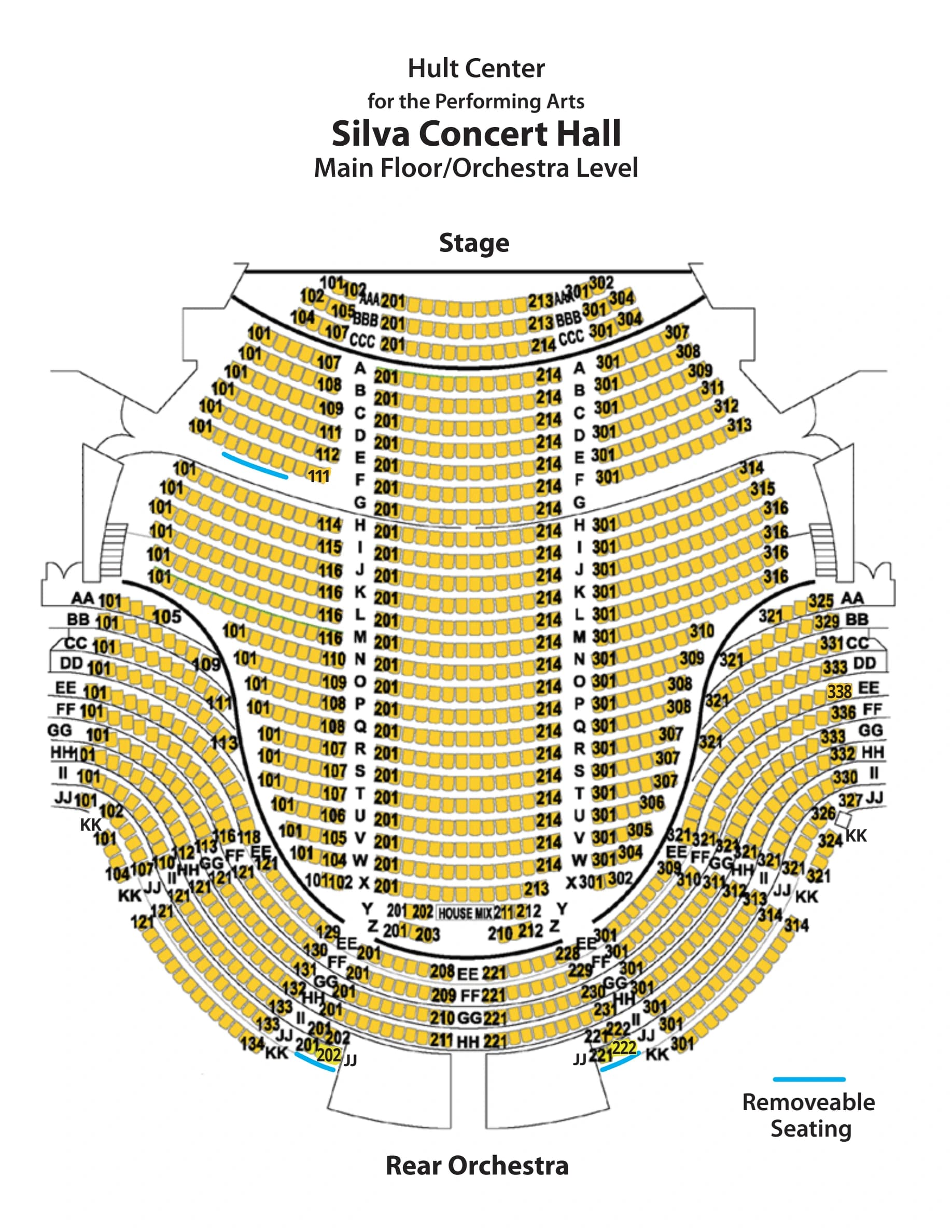 Hult Center for the Performing Arts: Seating chart, Silva Concert Hall · orchestra. Use the source chart for section and row details.