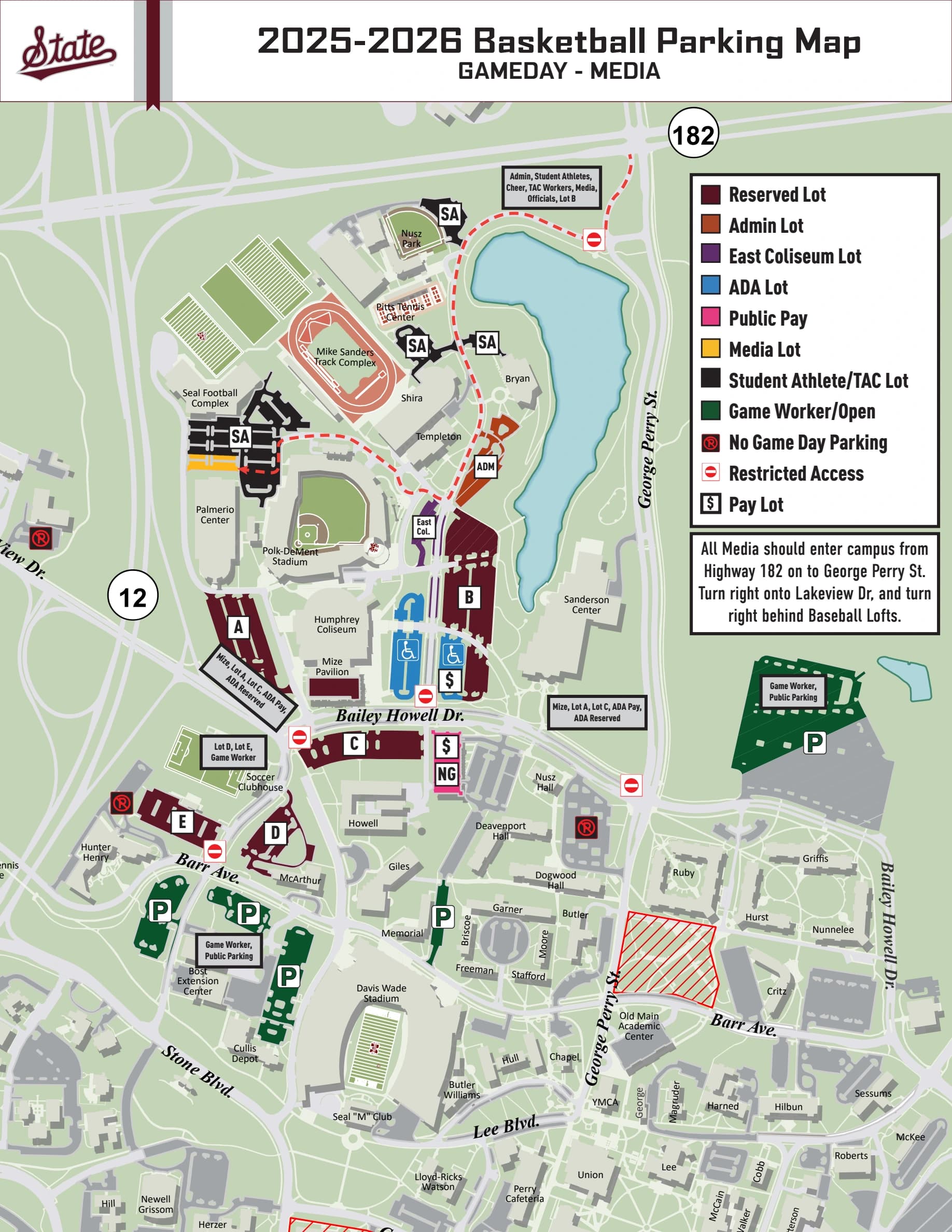 Humphrey Coliseum: Venue layout, Humphrey Coliseum — 2025–26 basketball parking orientation. Use the original map for routes and visitor facilities.