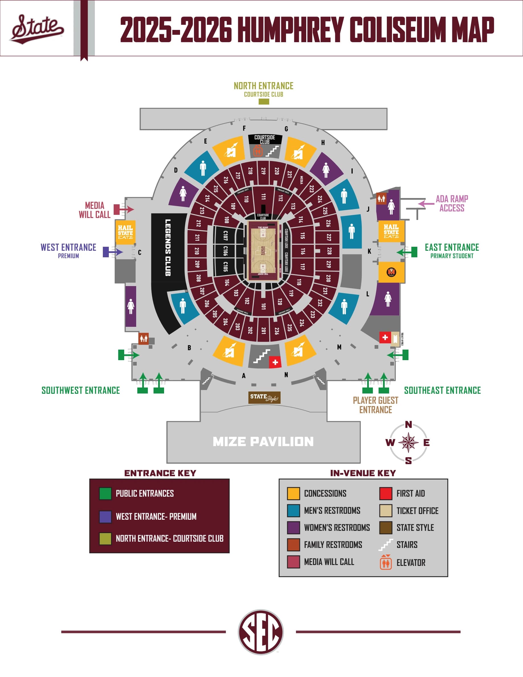 Humphrey Coliseum: Seating chart, Humphrey Coliseum — 2025–26 basketball sections and amenities. Use the source chart for section and row details.