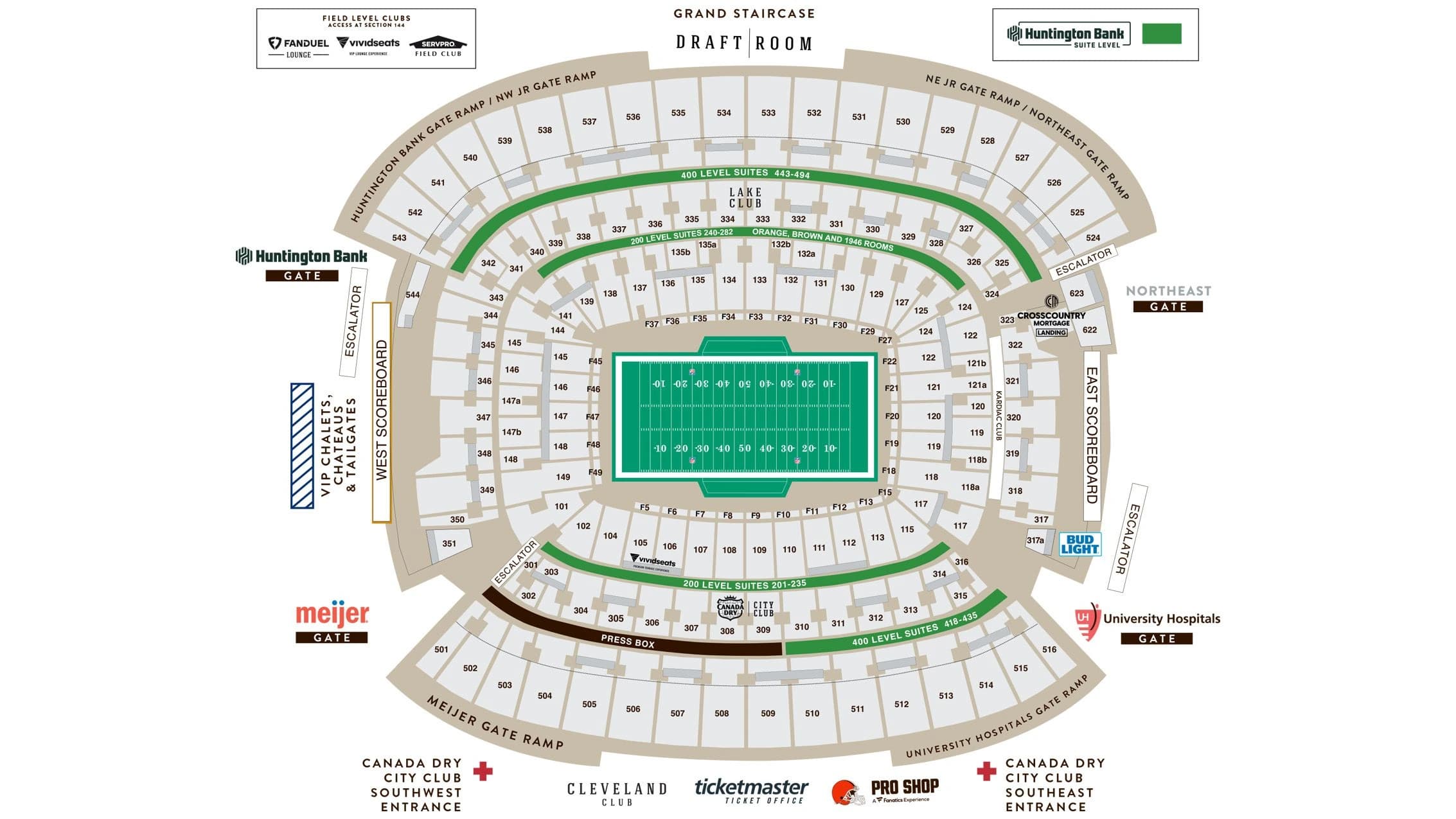 Huntington Bank Field: Seating chart, Huntington Bank Field — Cleveland football sections and entrances. Use the source chart for section and row details.