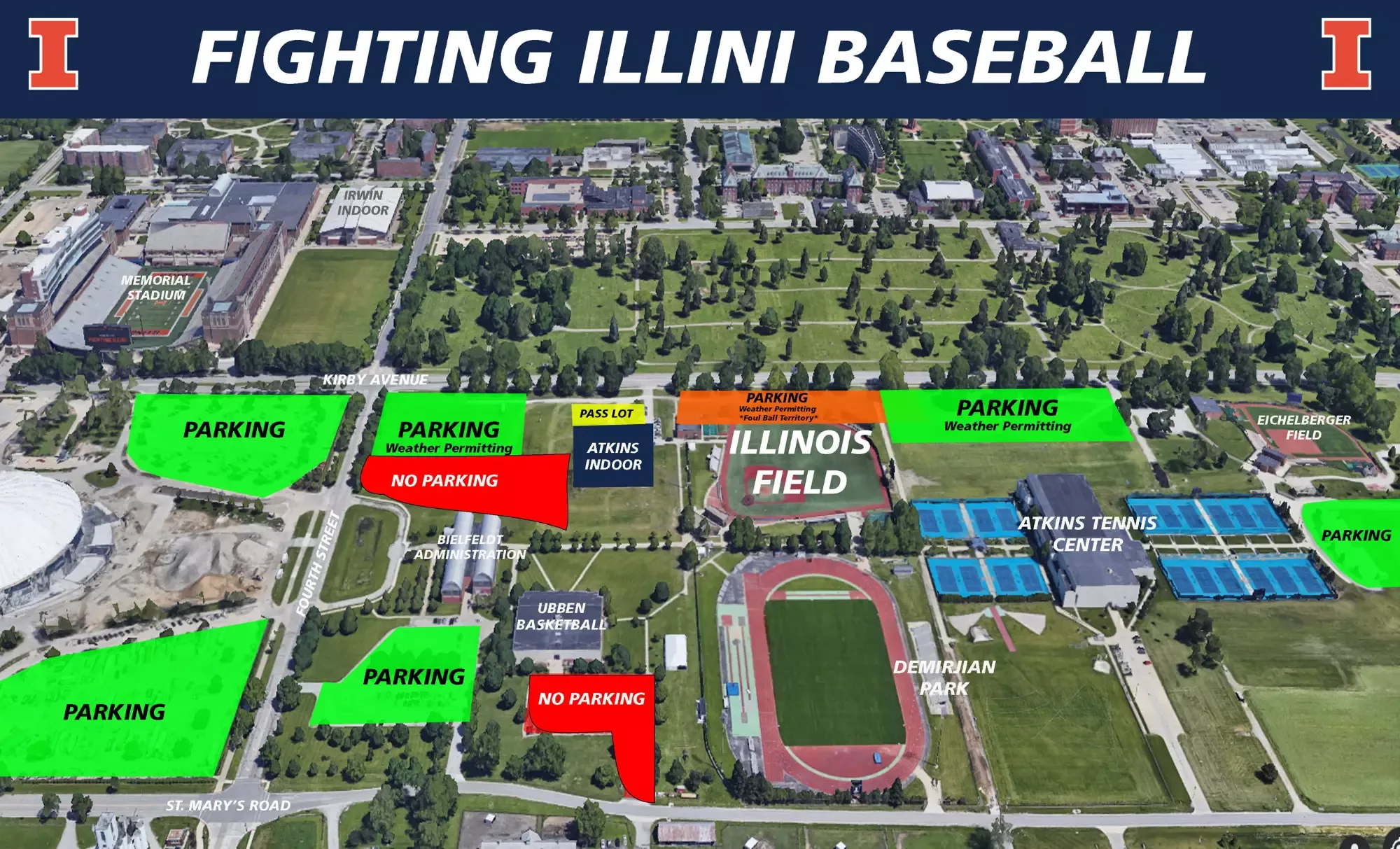 Illinois Field: Venue layout, Game-day parking · 2026. Use the original map for routes and visitor facilities.