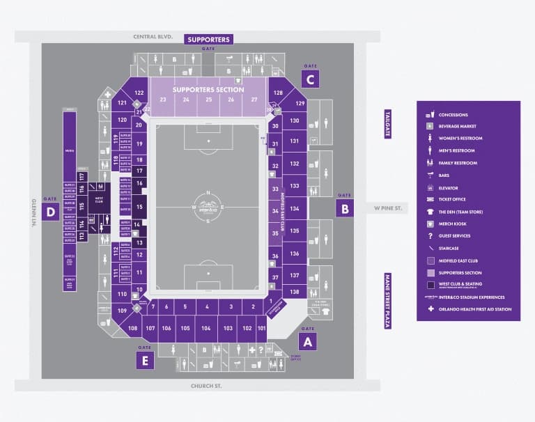 Inter&Co Stadium: Venue layout, Concourse — soccer sections and amenities. Use the original map for routes and visitor facilities.