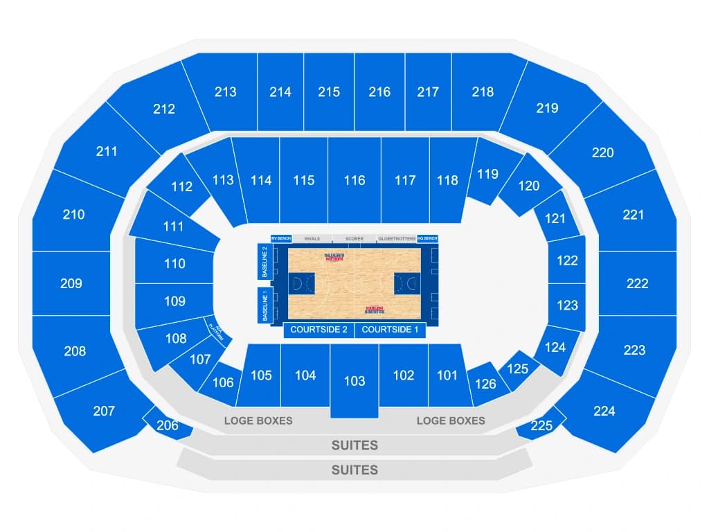 INTRUST Bank Arena: Seating chart, Seating Chart for Harlem Globetrotters. Use the source chart for section and row details.