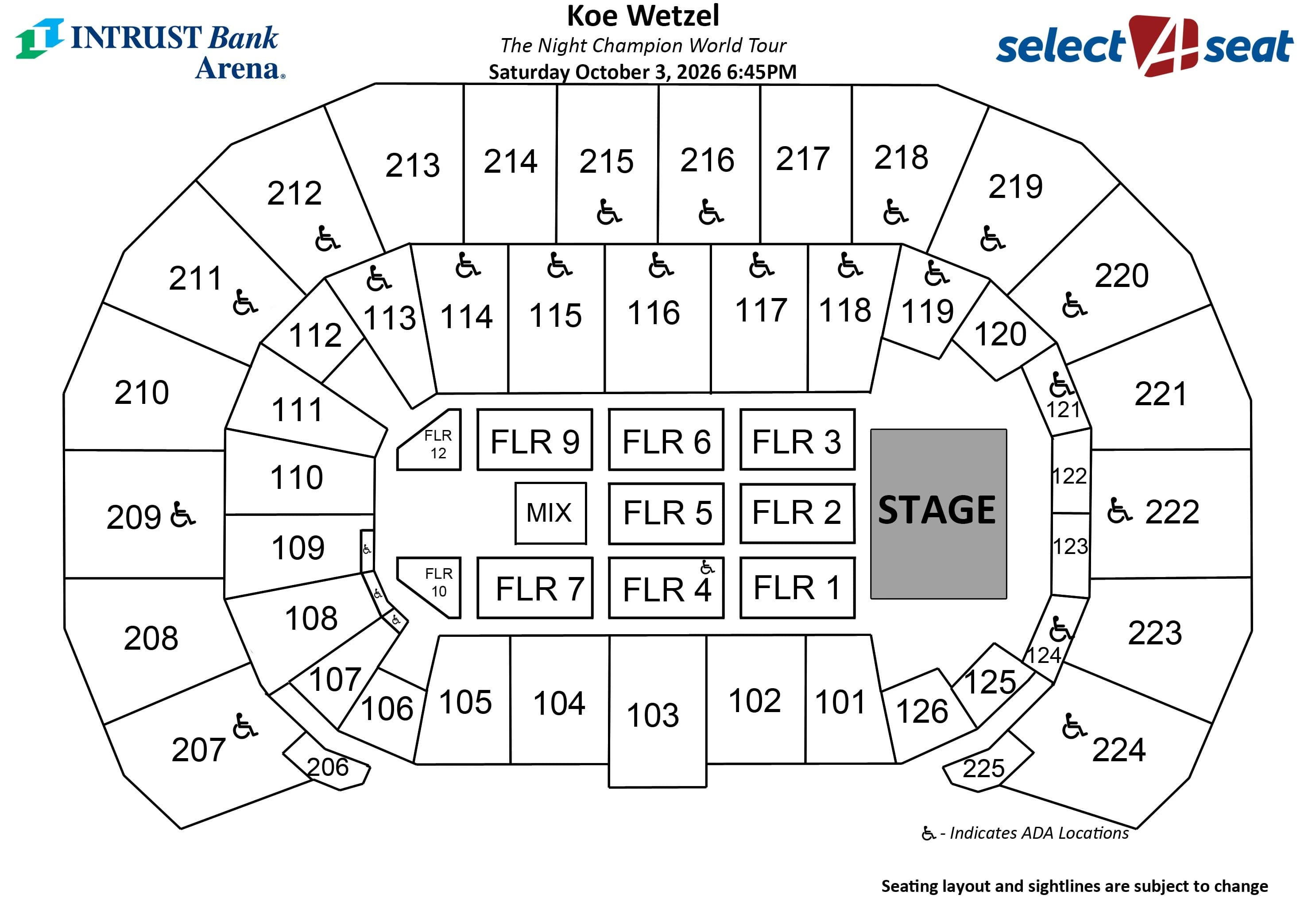 INTRUST Bank Arena: Seating chart, Seating Chart for Koe Wetzel. Use the source chart for section and row details.