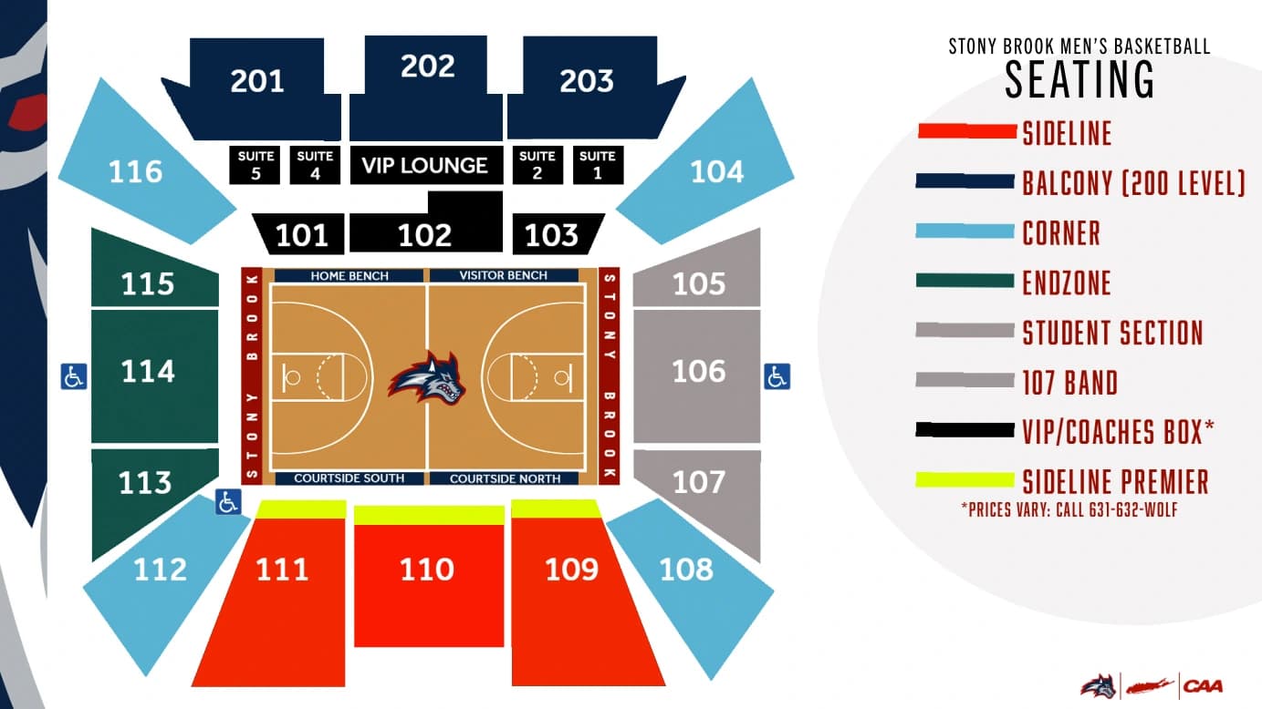 Stony Brook Arena: Seating chart, Stony Brook Arena — 2026–27 men’s basketball. Use the source chart for section and row details.