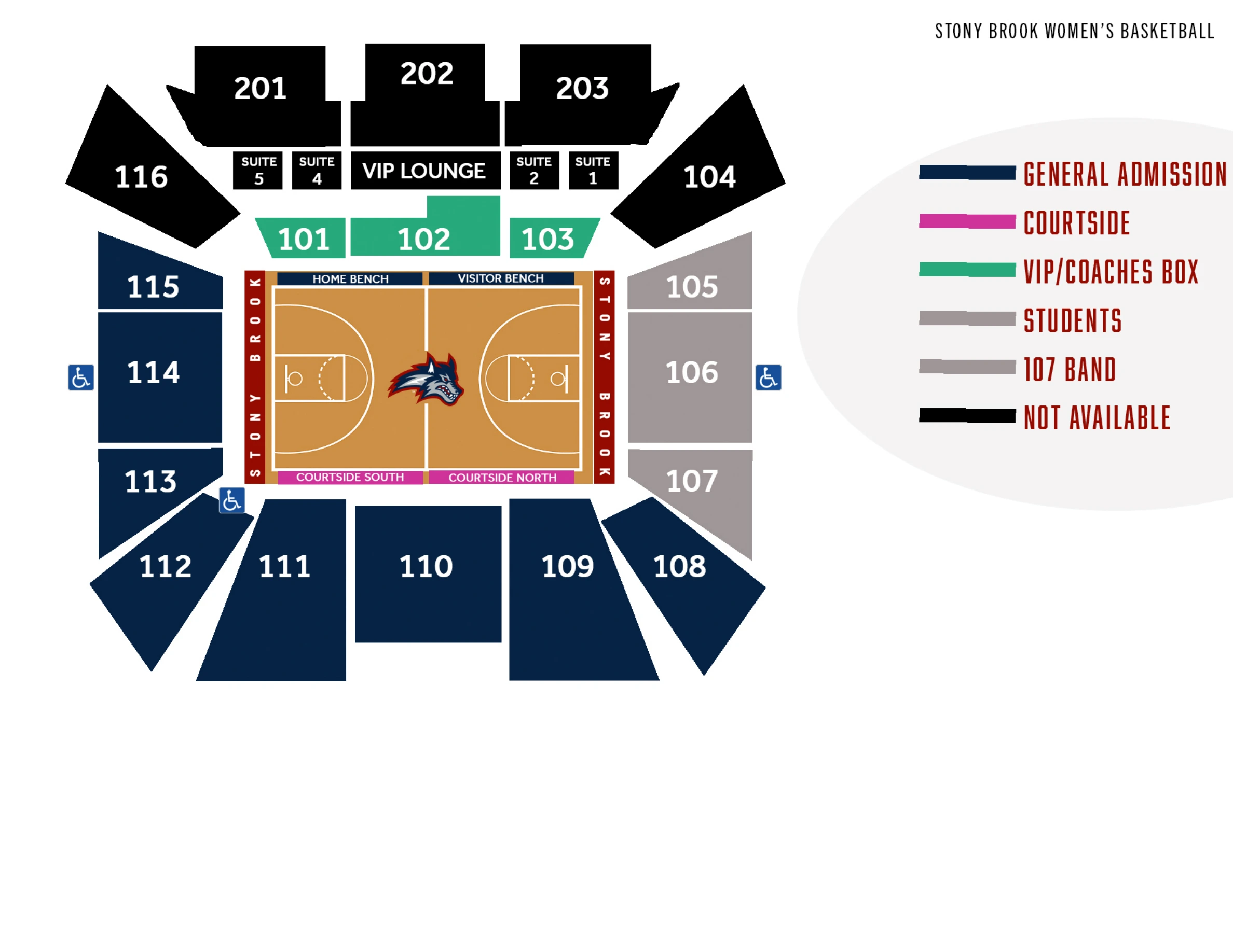 Stony Brook Arena: Seating chart, Stony Brook Arena — 2026–27 women’s basketball. Use the source chart for section and row details.