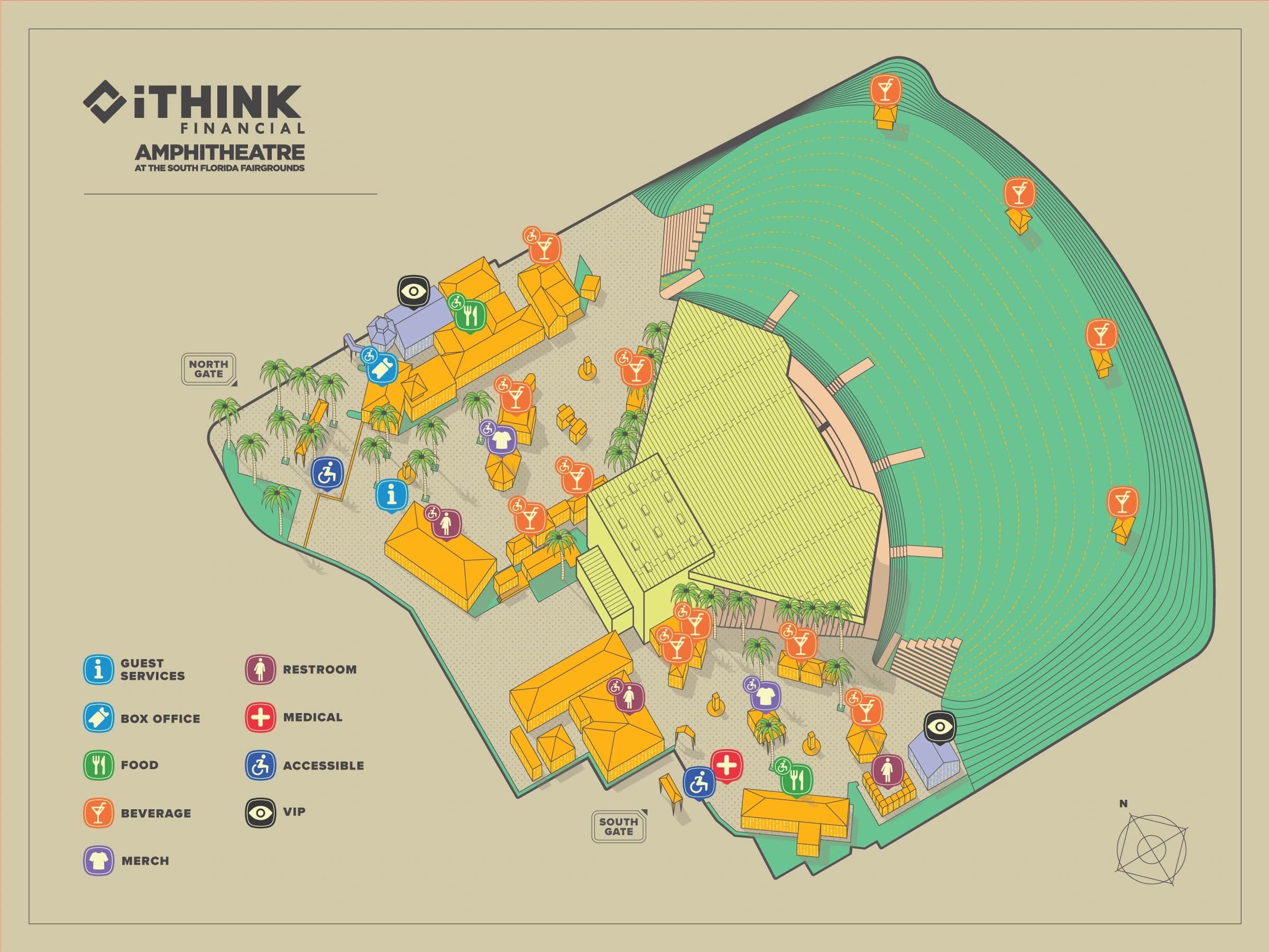 iTHINK Financial Amphitheatre: Venue layout, iTHINK Financial Amphitheatre — gates and guest amenities. Use the original map for routes and visitor facilities.