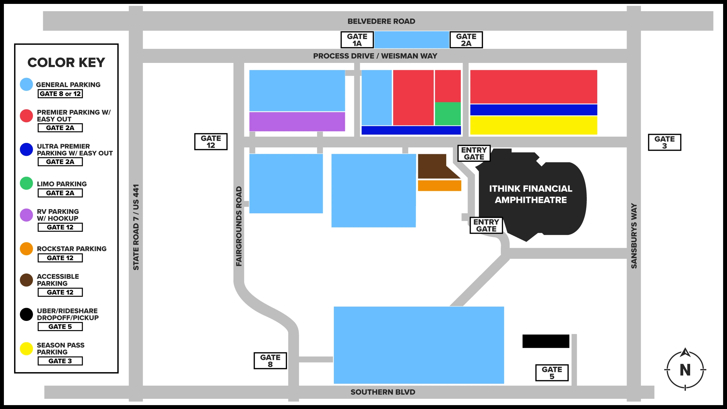 iTHINK Financial Amphitheatre: Venue layout, iTHINK Financial Amphitheatre — fairgrounds parking and gates. Use the original map for routes and visitor facilities.