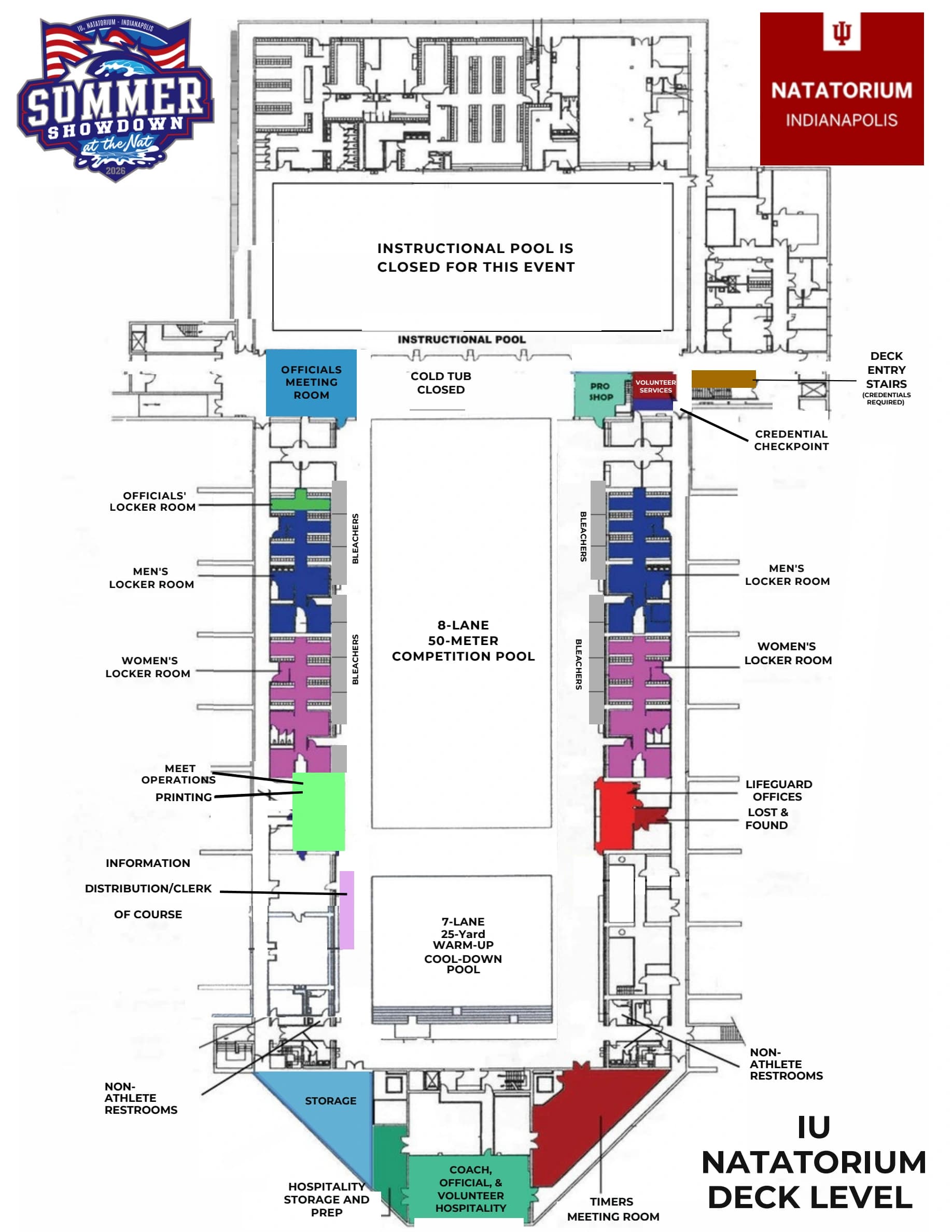 IU Natatorium: Venue layout, IU Natatorium · July 2026 Summer Showdown deck and credential boundaries. Use the original map for routes and visitor facilities.